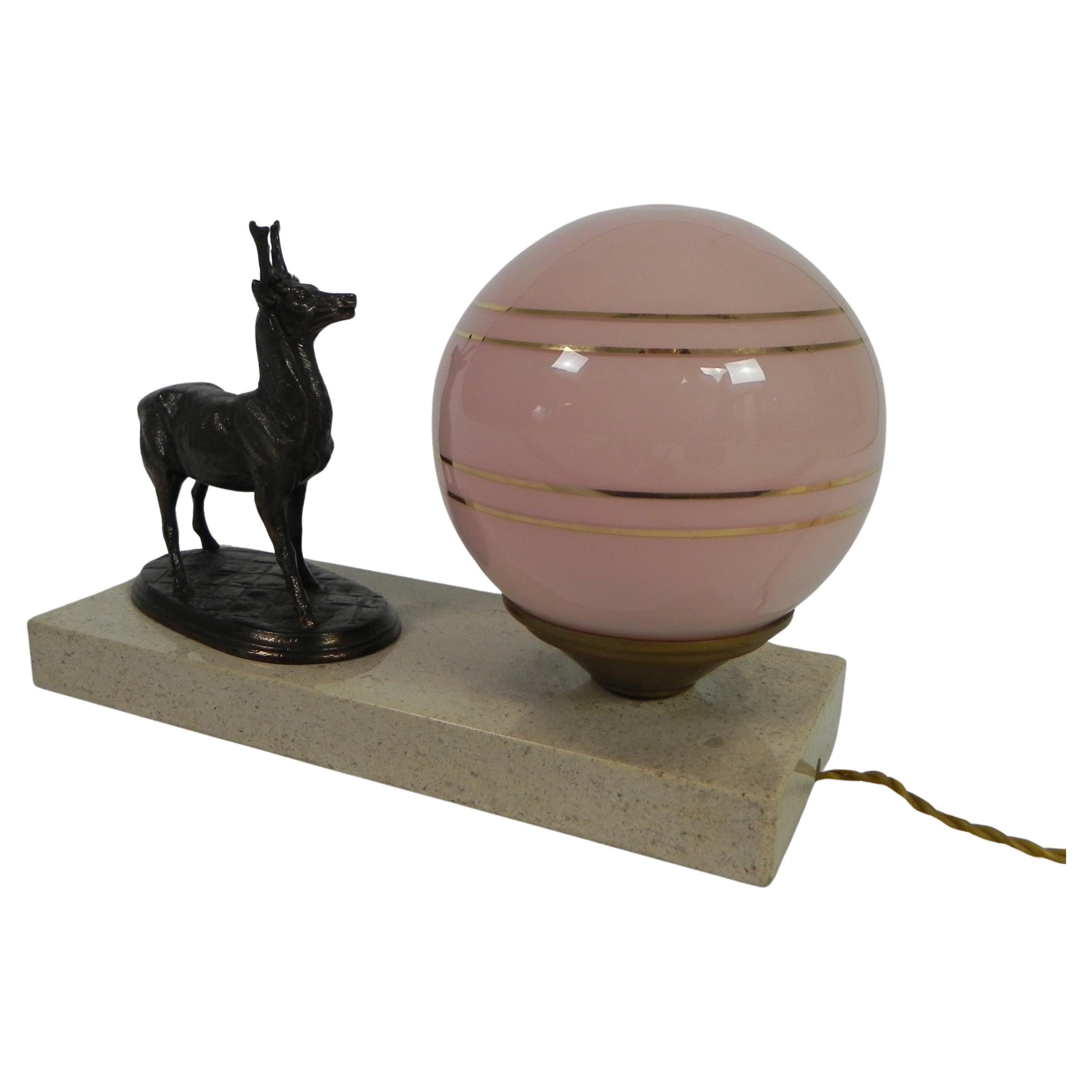 Art Deco desk lamp with deer and glass ball, 1930s For Sale