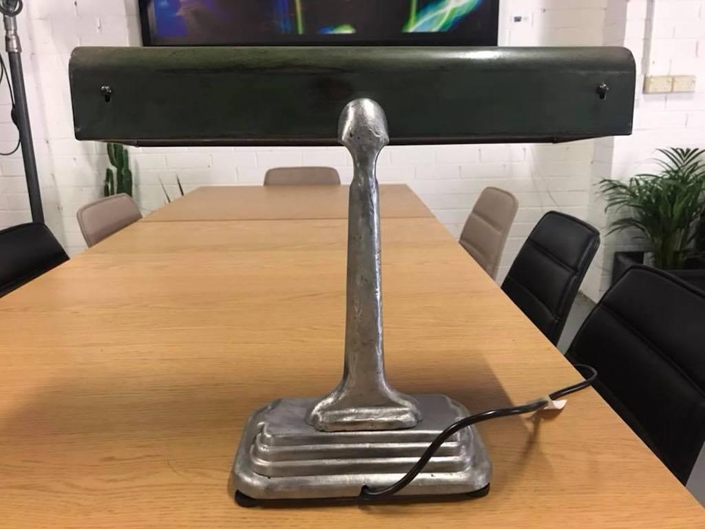 Cast Art Deco Desk Lamp with Green Shade For Sale