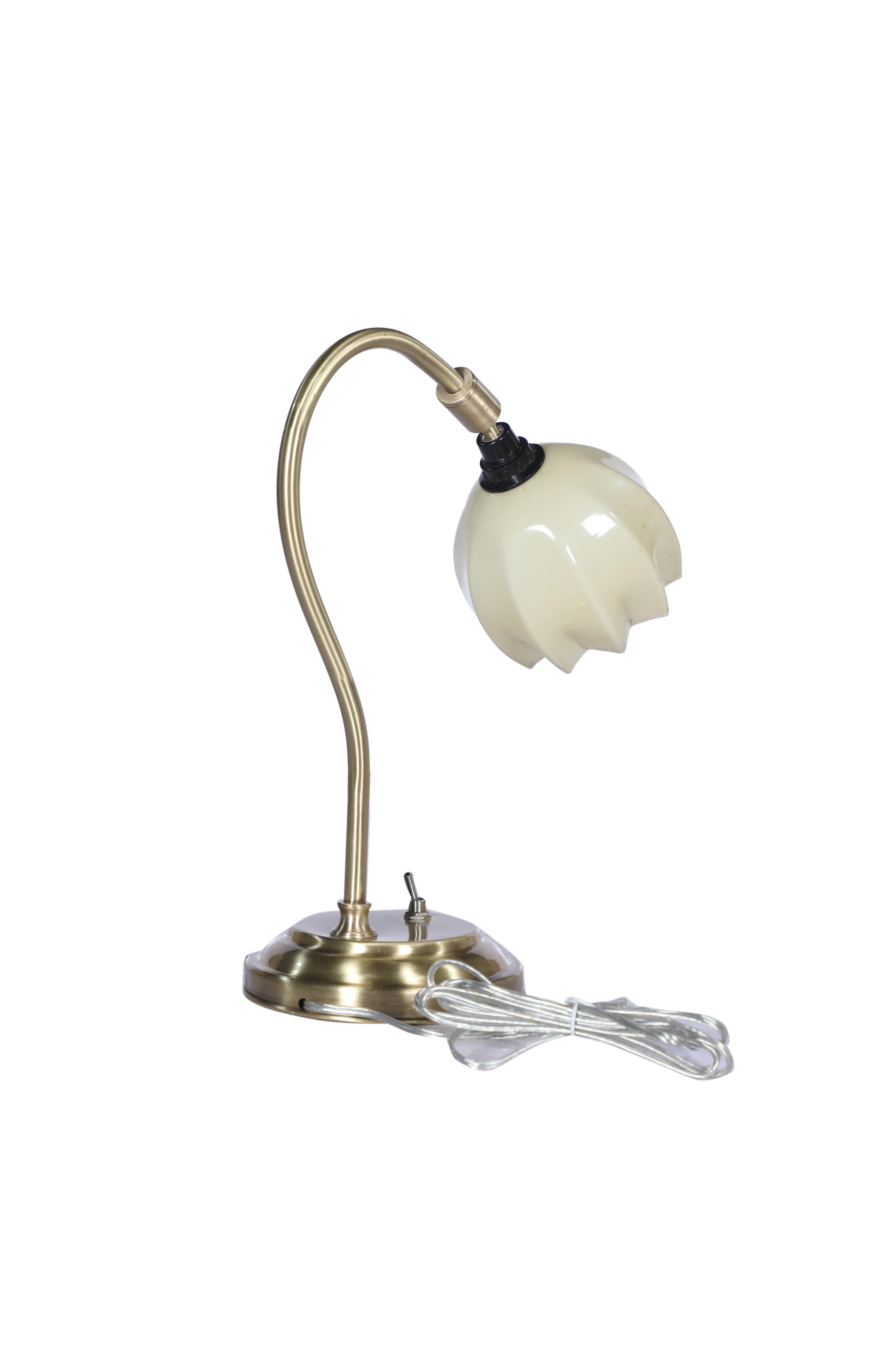 European Art Deco Desk or Table Lamp with Art Glass Flower Shade For Sale