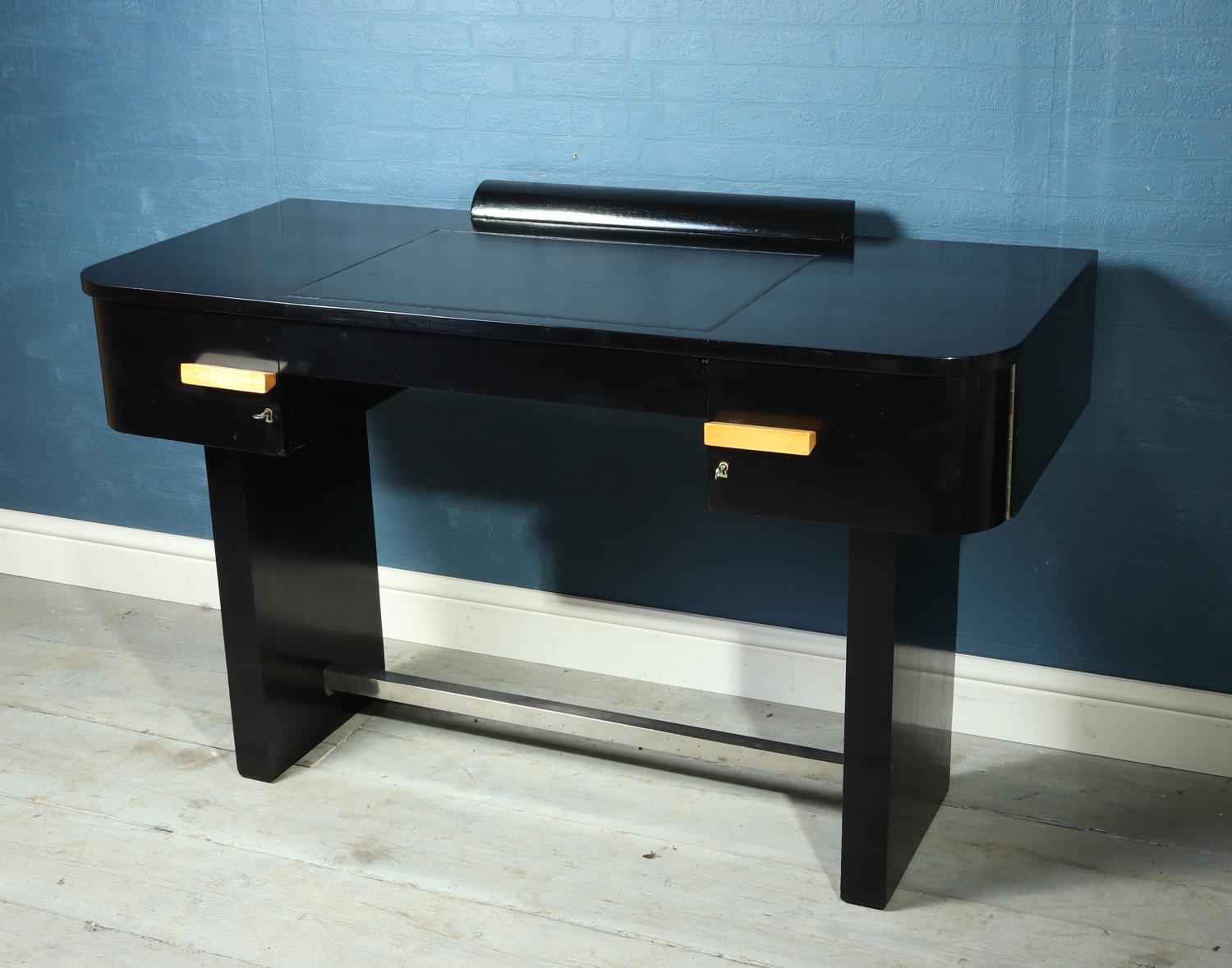 Art Deco Desk Piano Lacquer Black Finish with Leather Inset Top 6
