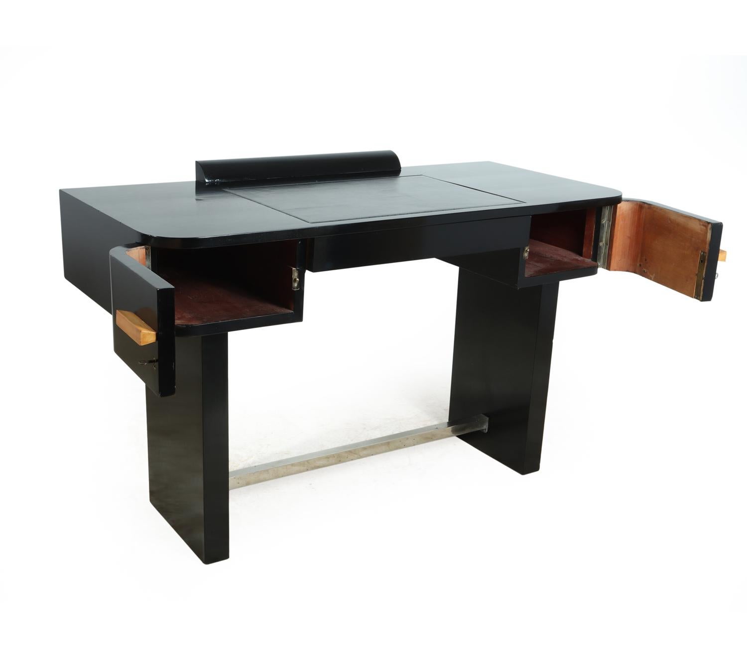 Art Deco Desk Piano Lacquer Black Finish with Leather Inset Top 2