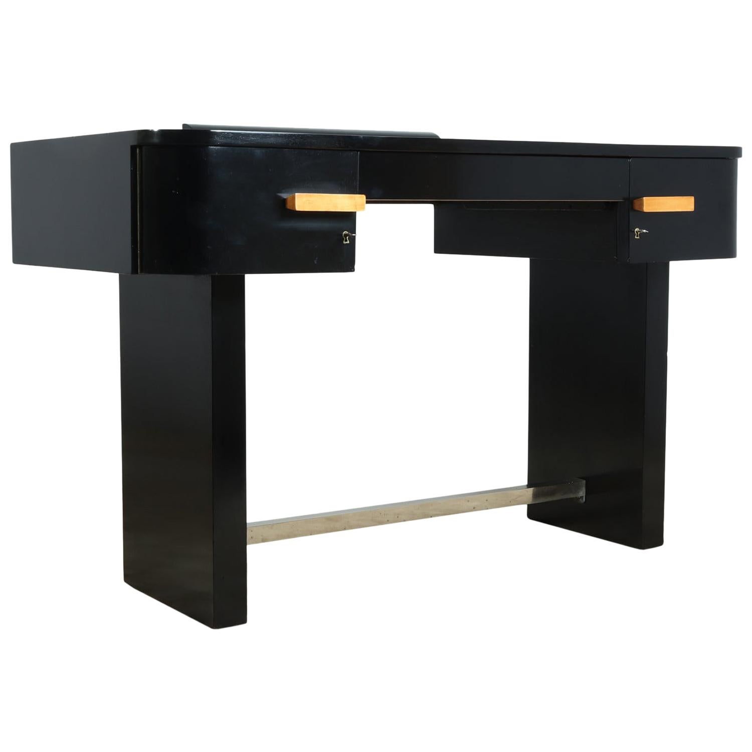 Art Deco Desk Piano Lacquer Black Finish with Leather Inset Top