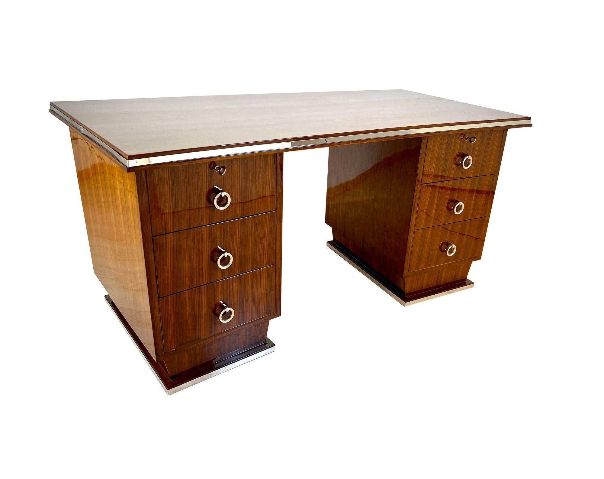 Lacquered Art Deco Desk, Rosewood Veneer, Nickel, France, circa 1930 For Sale