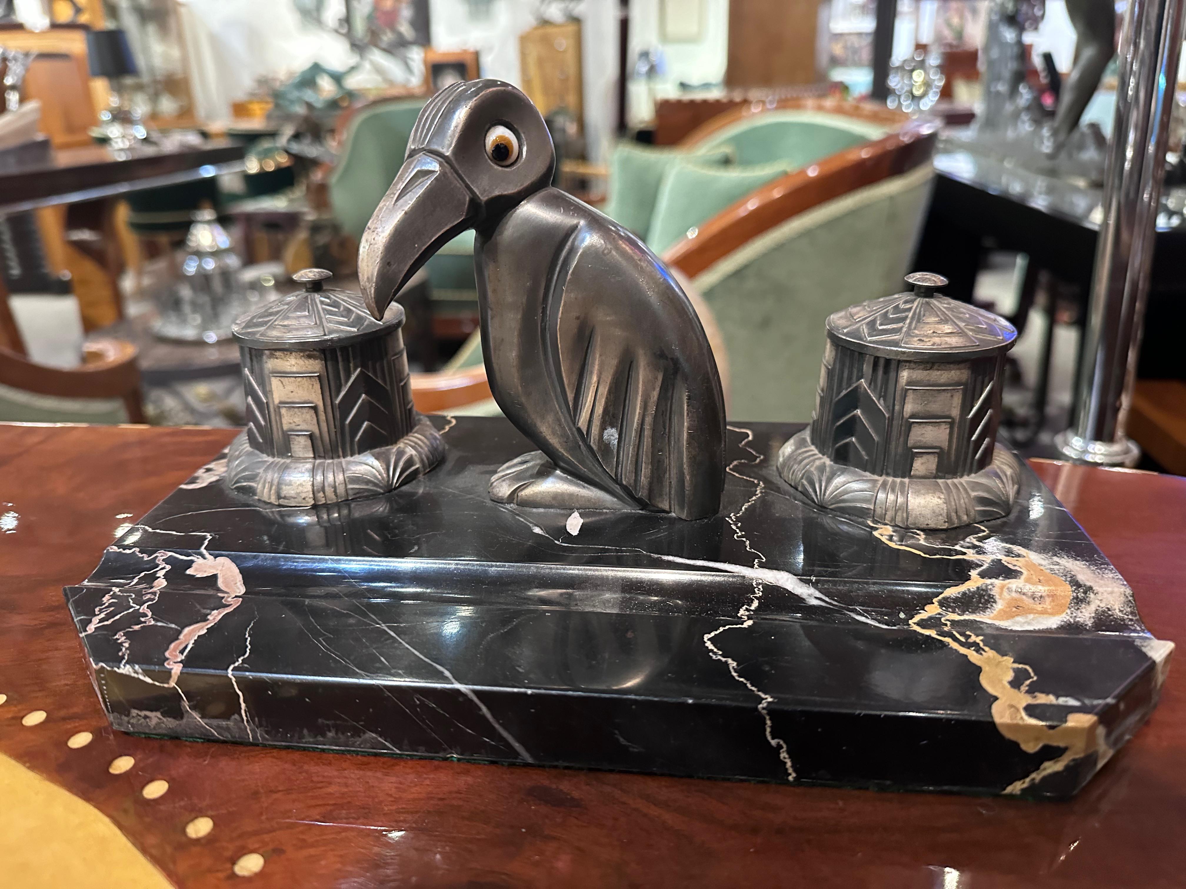 Mid-20th Century Art Deco Desk Set Ink Wells & Penguin Statue French For Sale