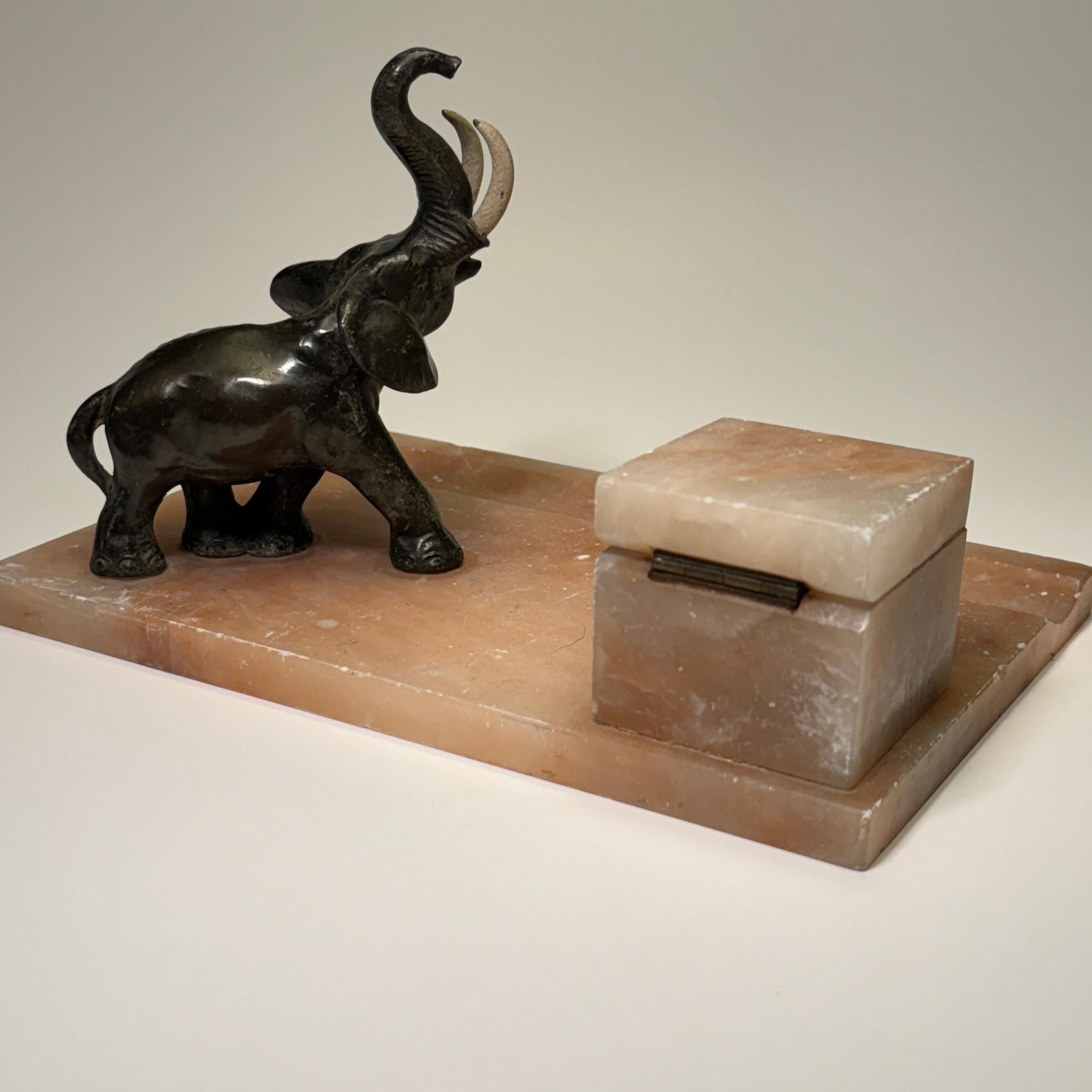 Art Deco Desk Set Inkwell In Alabaster and Bronze Elephant For Sale 4