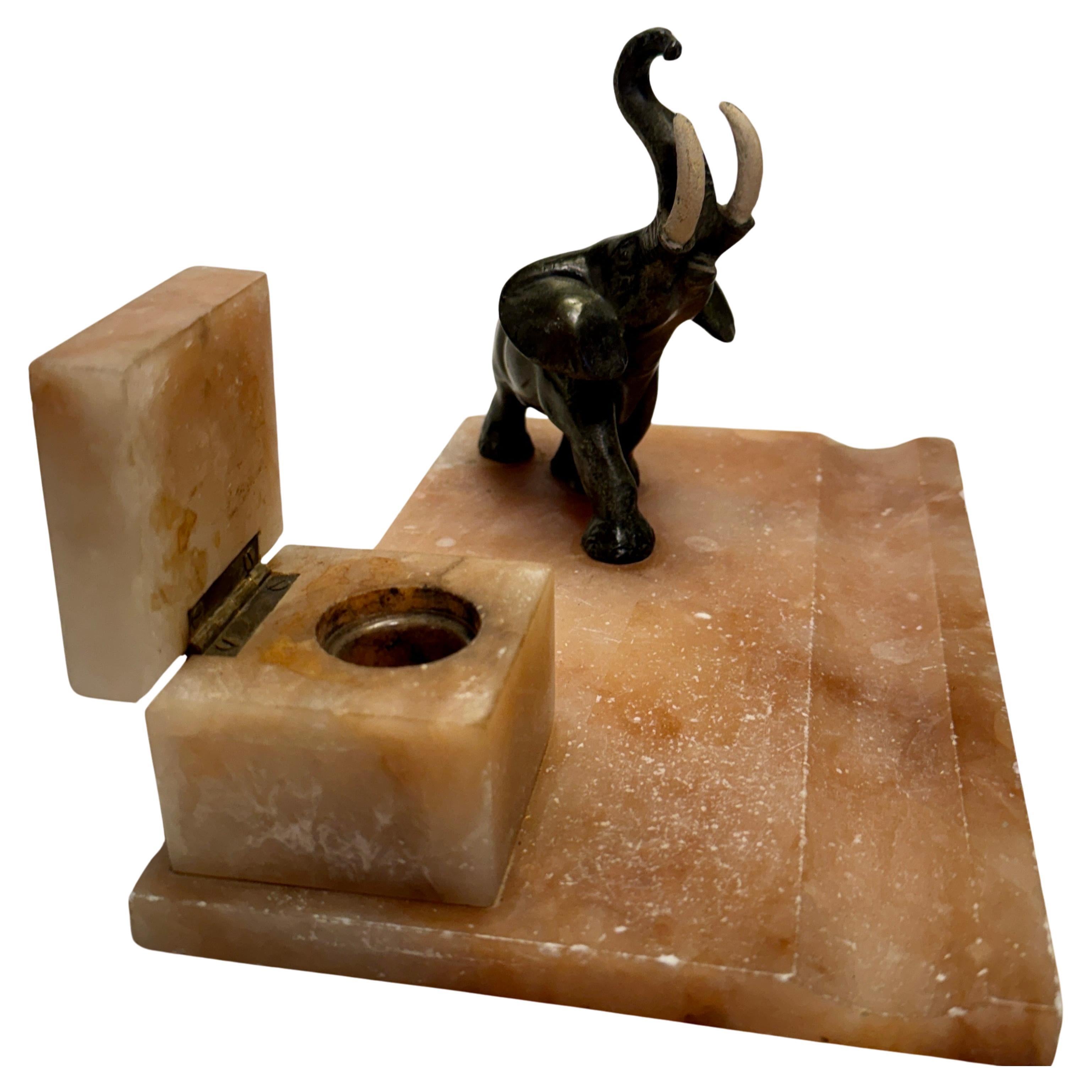 20th Century Art Deco Desk Set Inkwell In Alabaster and Bronze Elephant For Sale