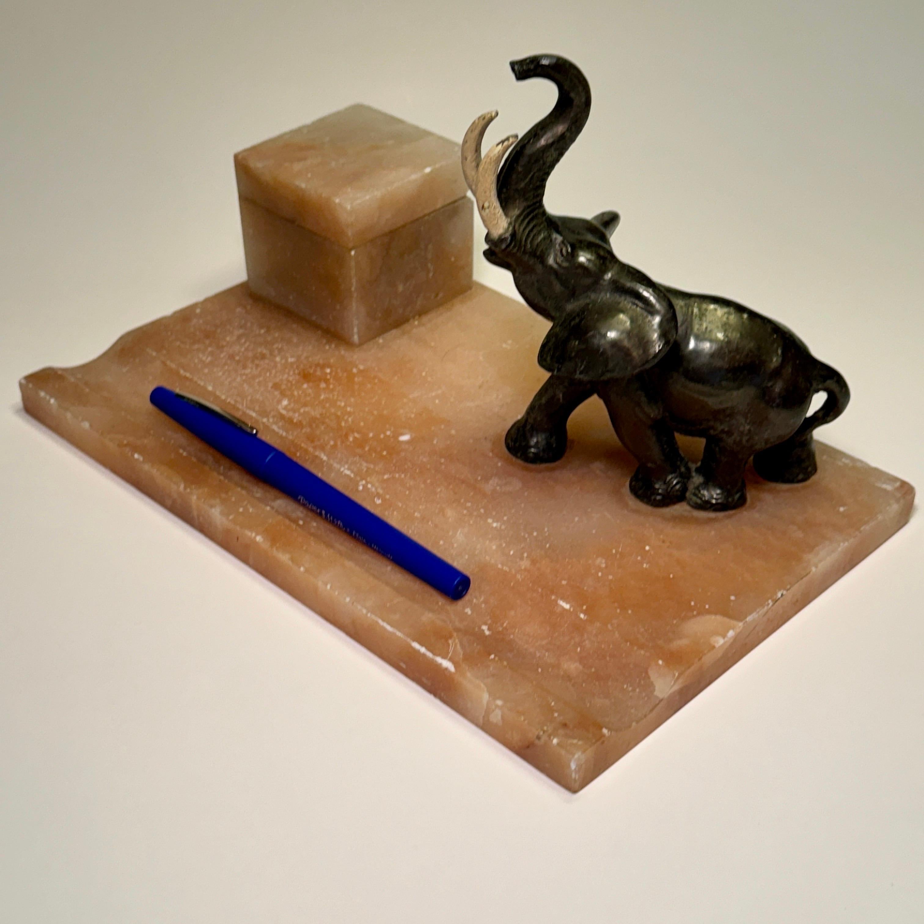 Art Deco Desk Set Inkwell In Alabaster and Bronze Elephant For Sale 1