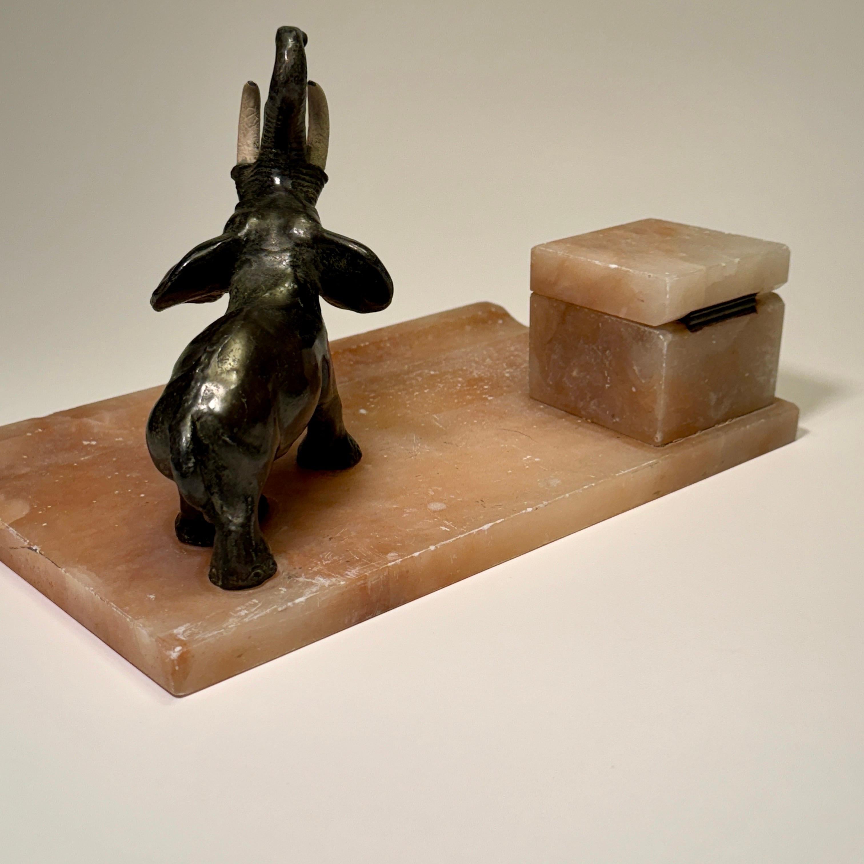 Art Deco Desk Set Inkwell In Alabaster and Bronze Elephant For Sale 2