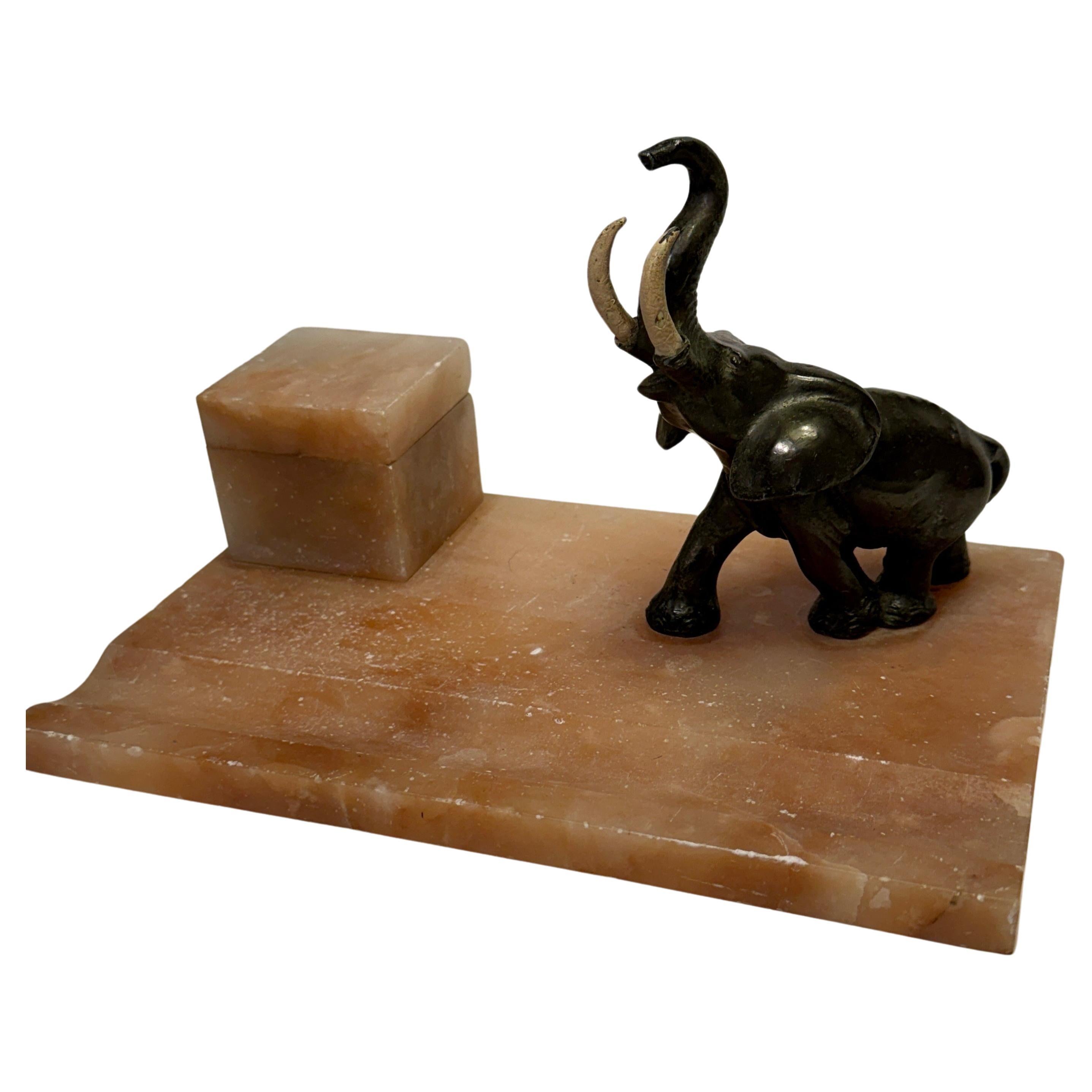 Art Deco Desk Set Inkwell In Alabaster and Bronze Elephant For Sale