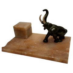 Art Deco Desk Set Inkwell In Alabaster and Bronze Elephant