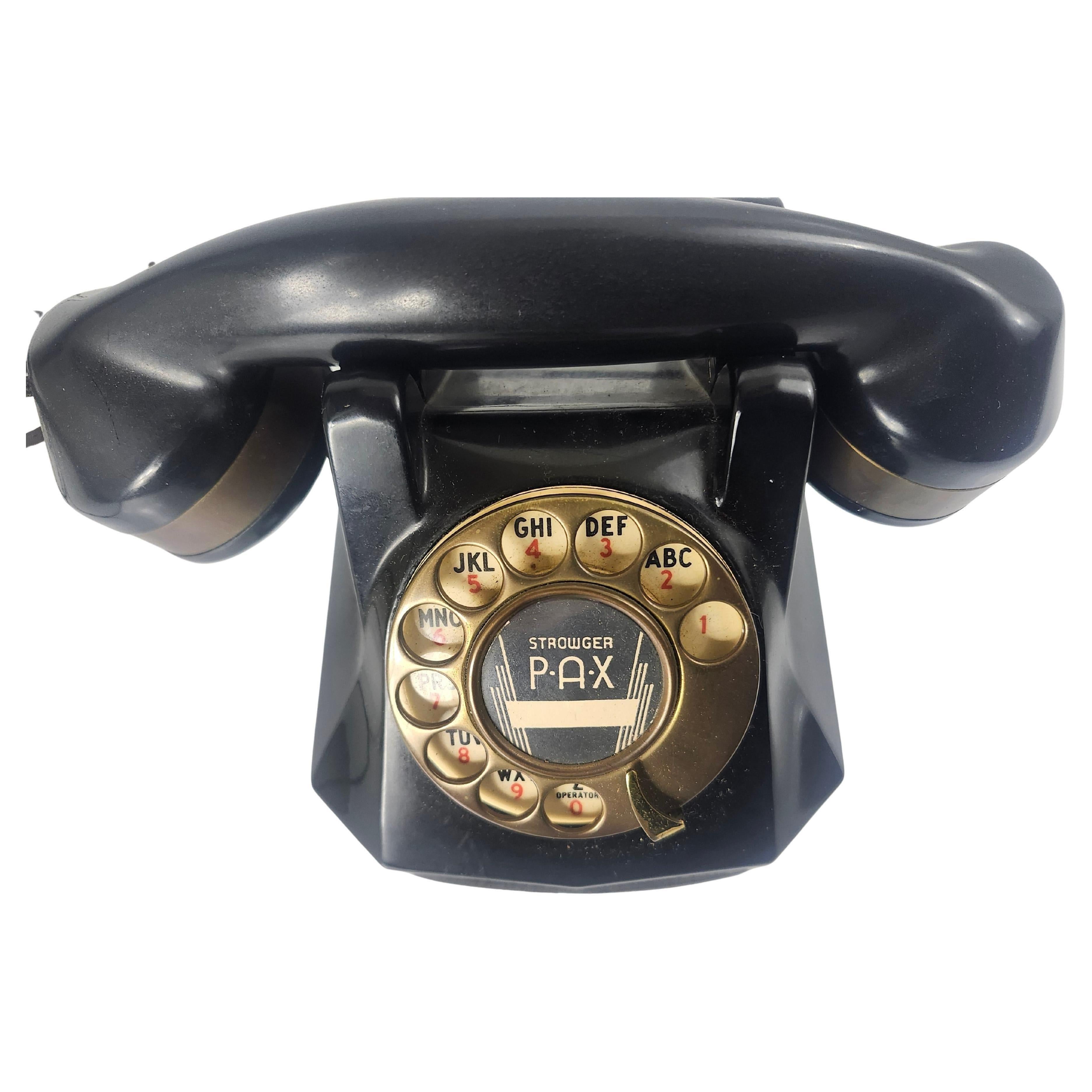 Art-déco-Schreibtisch-Tischplatte Rotary Restauriertes Telephone mit Monogramm in Schwarz mit Verzierung