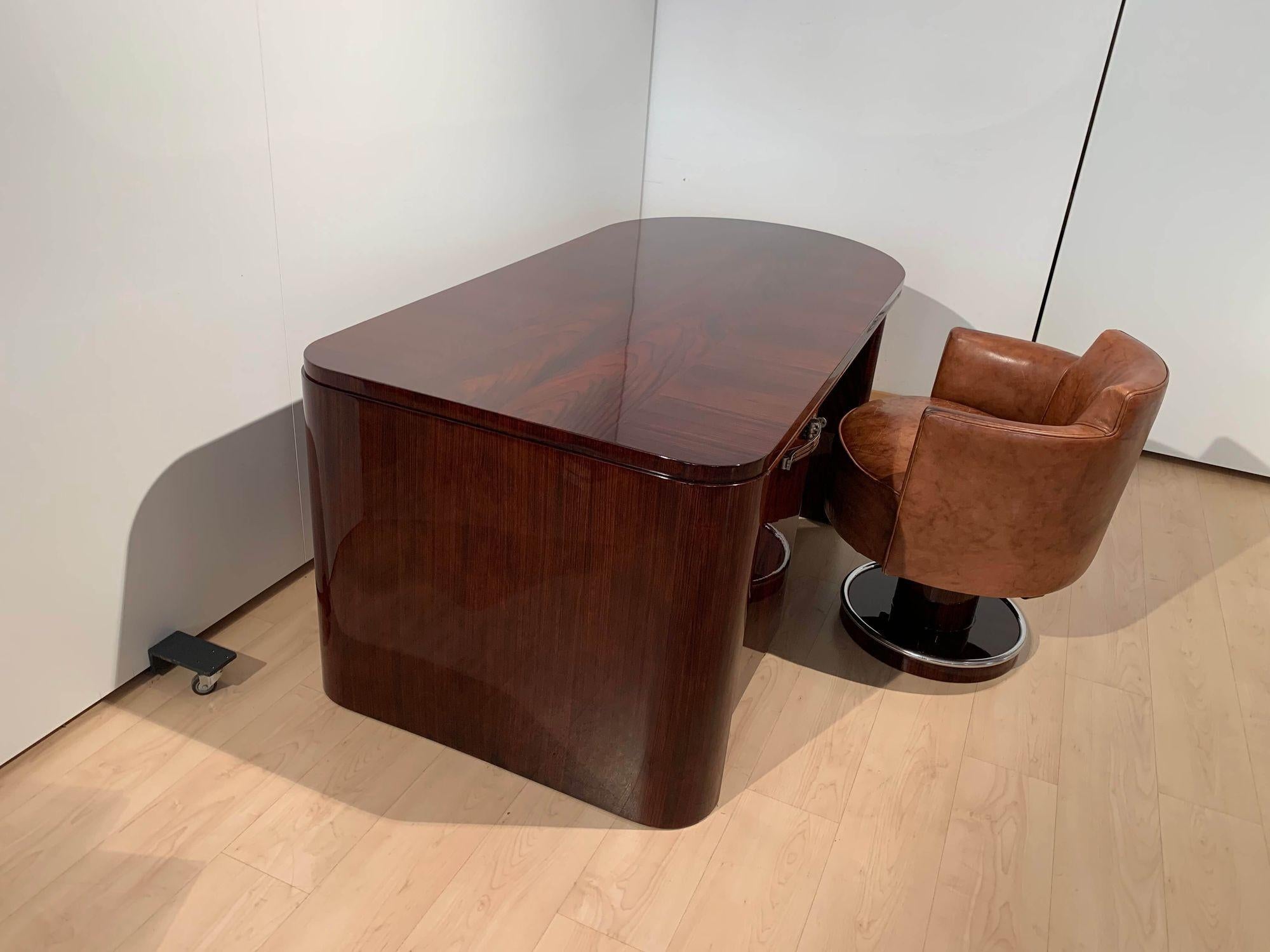 French Art Deco Rosewood Desk with Brown Leather Chair, France circa 1930
