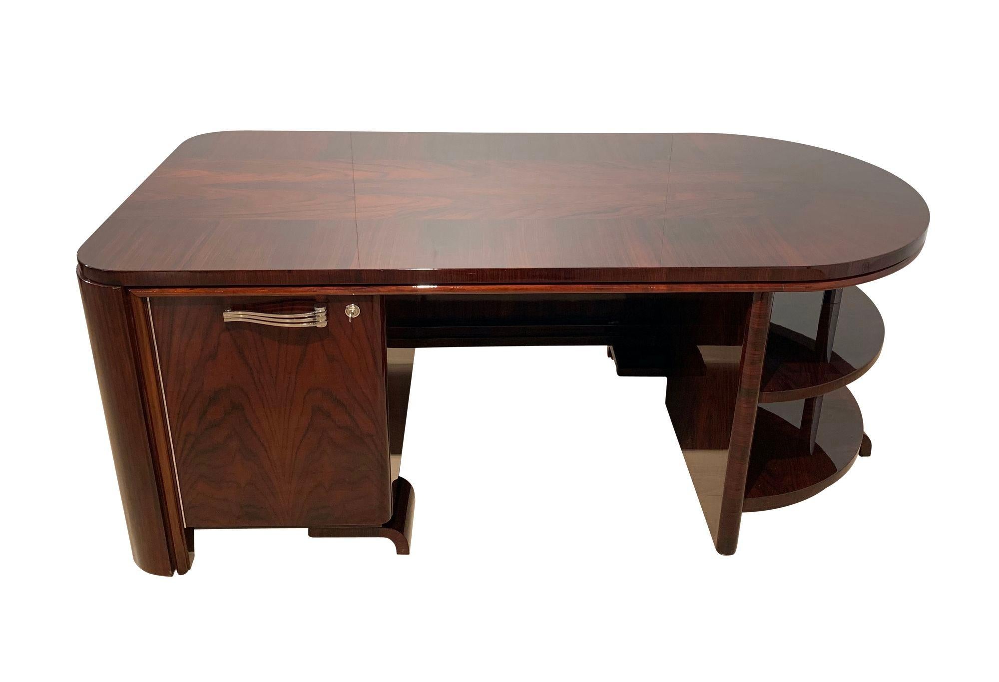 Galvanized Art Deco Rosewood Desk with Brown Leather Chair, France circa 1930