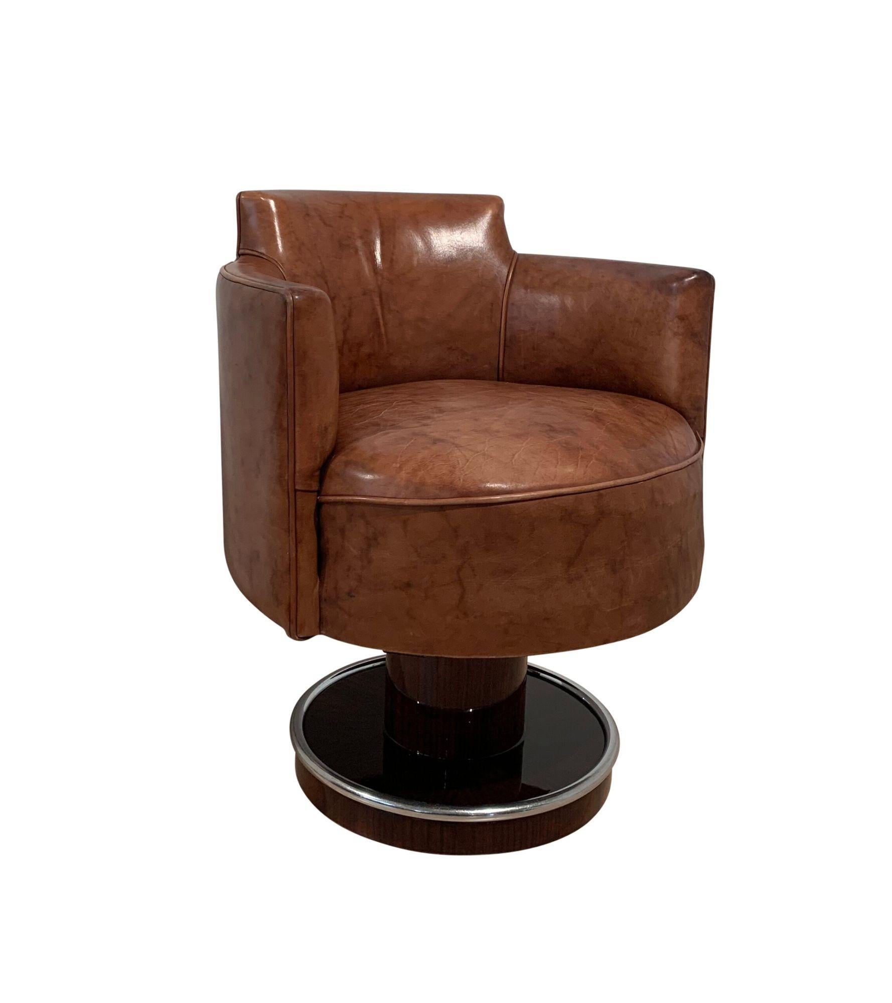 Art Deco Rosewood Desk with Brown Leather Chair, France circa 1930 In Good Condition In Regensburg, DE