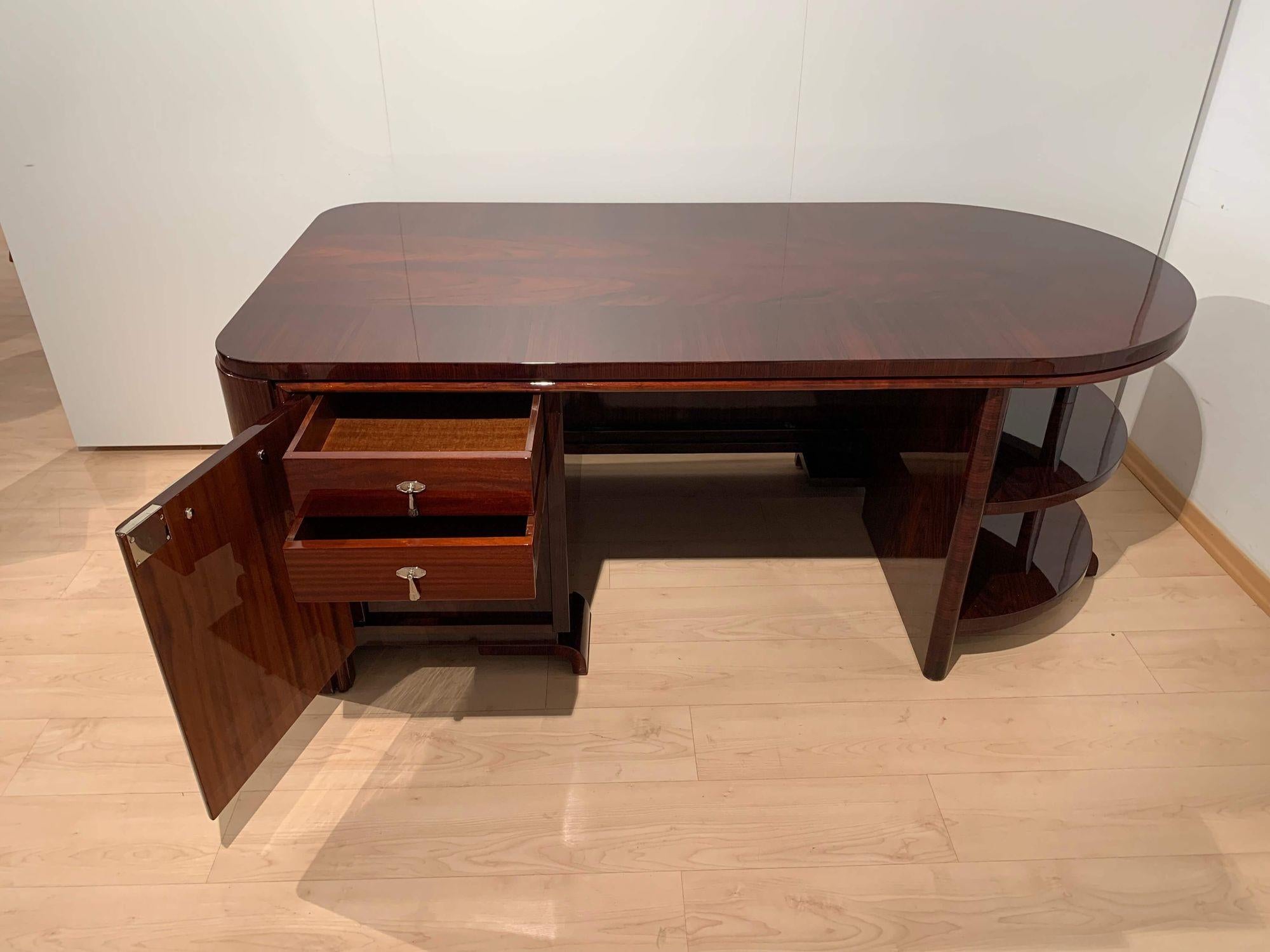 Metal Art Deco Rosewood Desk with Brown Leather Chair, France circa 1930