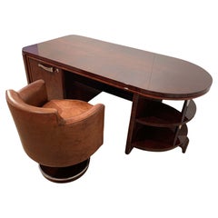 Vintage Art Deco Desk with Chair, Rosewood Veneer, Brown Leather, France circa 1930