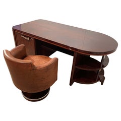 Art Deco Rosewood Desk with Brown Leather Chair, France circa 1930