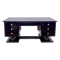 Art Deco Desk with Seven Drawers in Black Piano Lacquer, France, 1930s