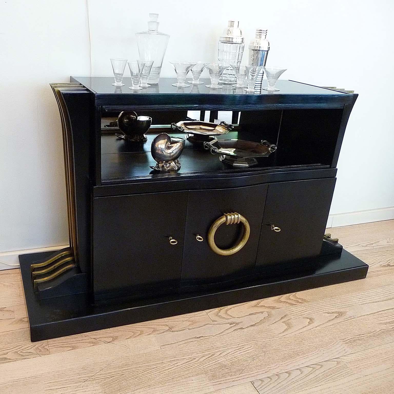 Brass Art Deco Dessert Commode Low Sideboard Designed by Jean Pascaud, France, 1930s For Sale
