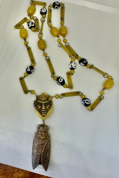 Art Deco Devil Cicada Insect Necklace France Bakelite Galalith Venetian Glass