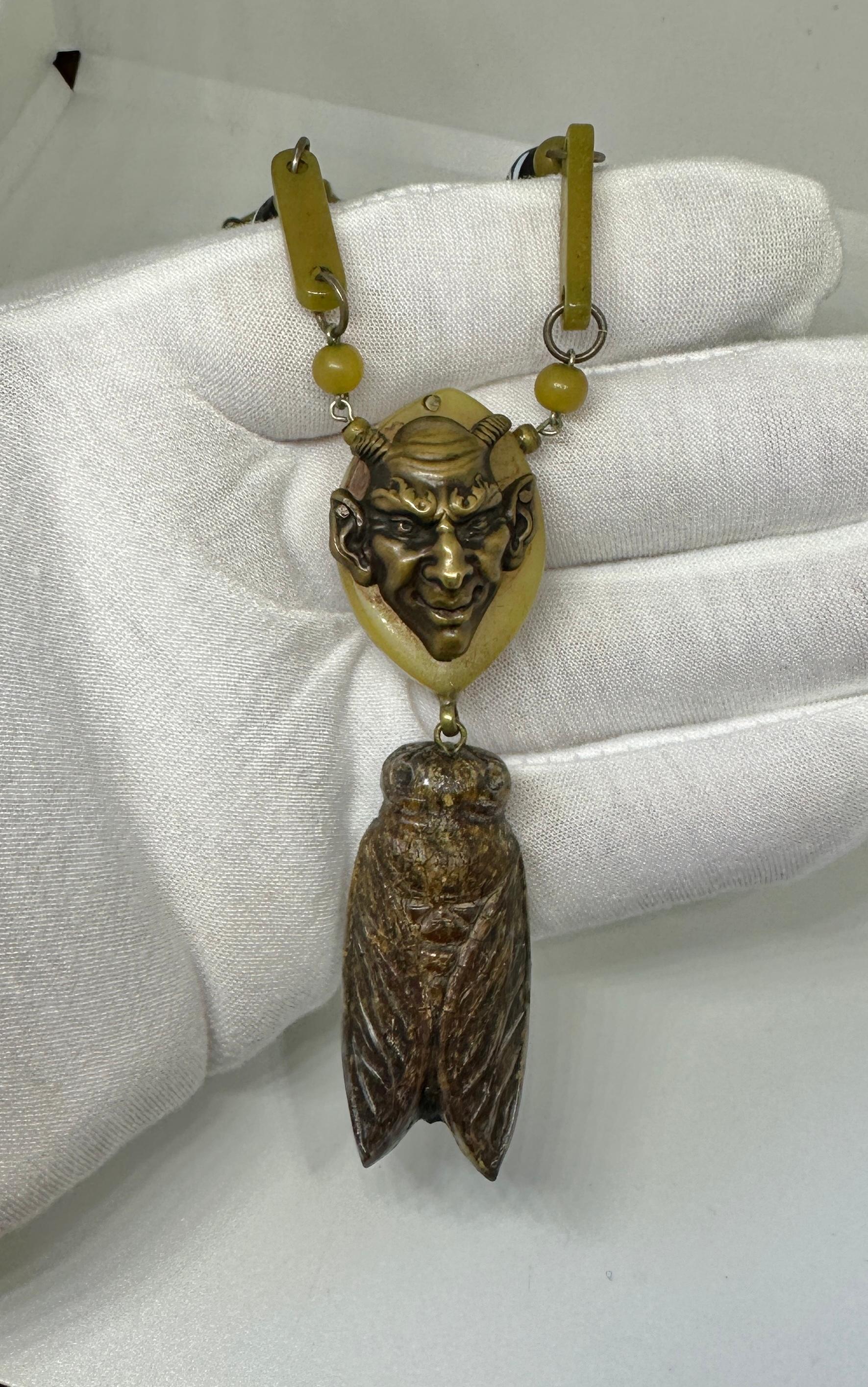Art Deco Devil Cicada Insect Necklace France Bakelite Galalith Venetian Glass In Excellent Condition For Sale In New York, NY