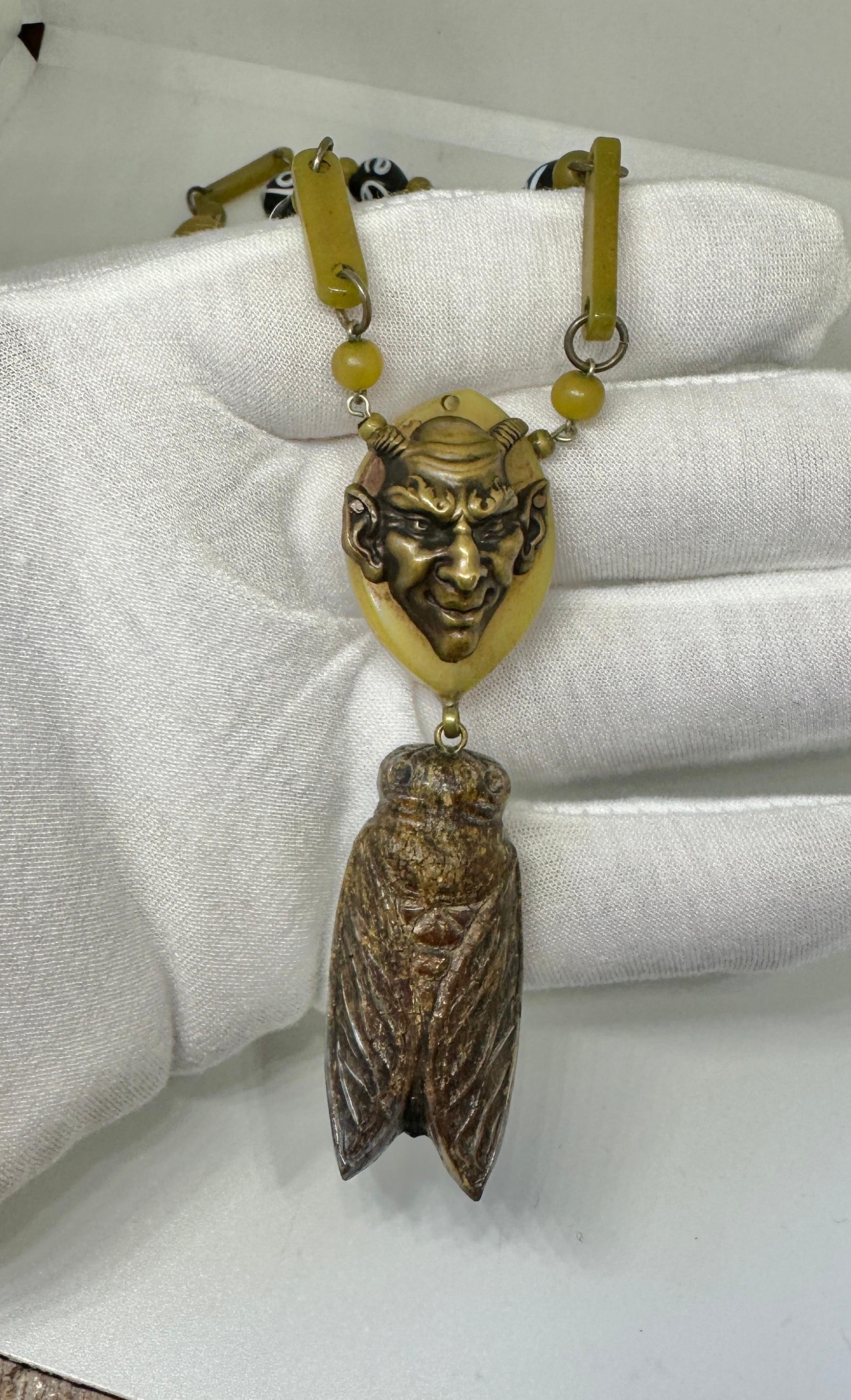 Women's or Men's Art Deco Devil Cicada Insect Necklace France Bakelite Galalith Venetian Glass For Sale