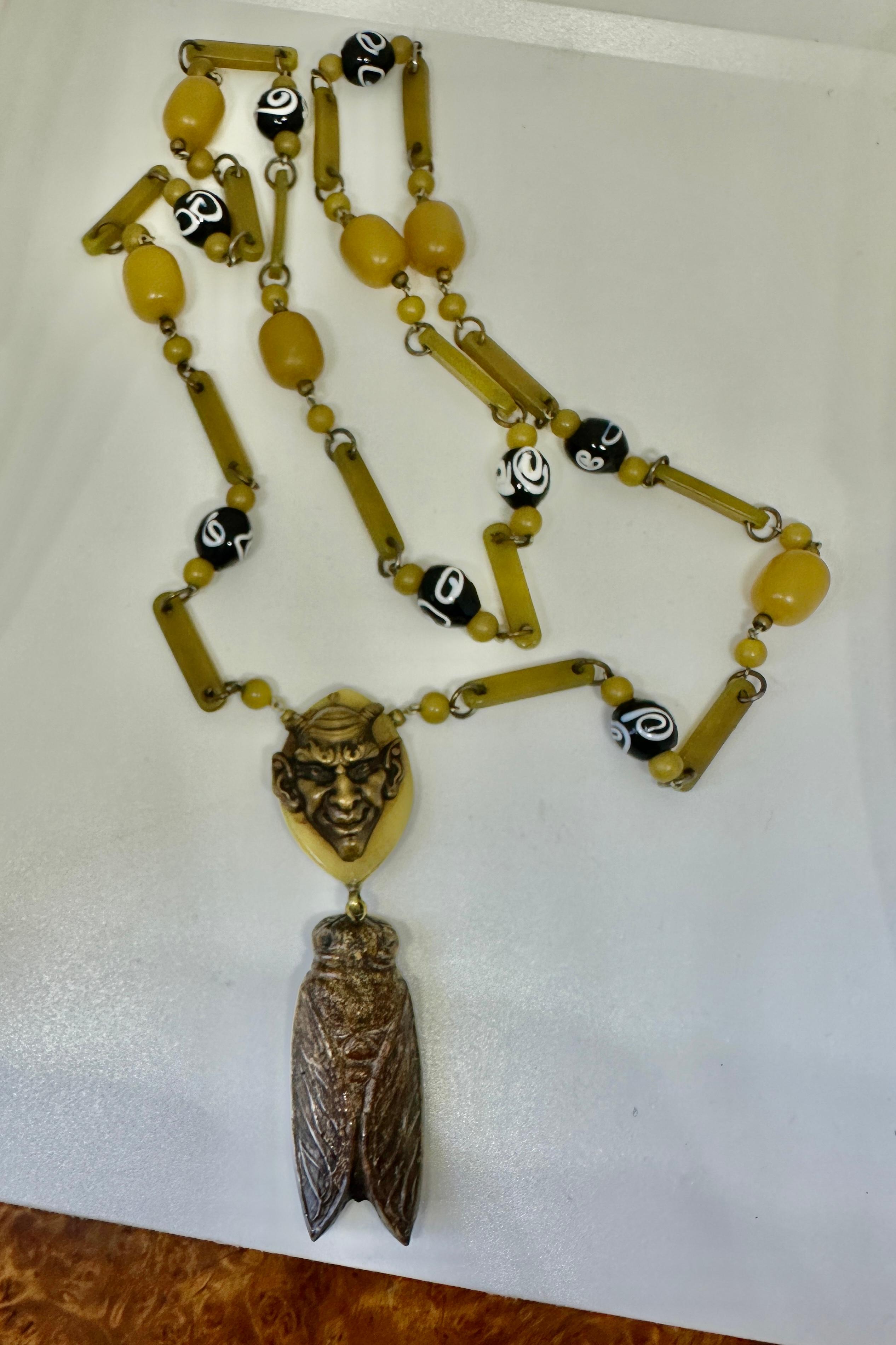 Art Deco Devil Cicada Insect Necklace France Bakelite Galalith Venetian Glass For Sale 1