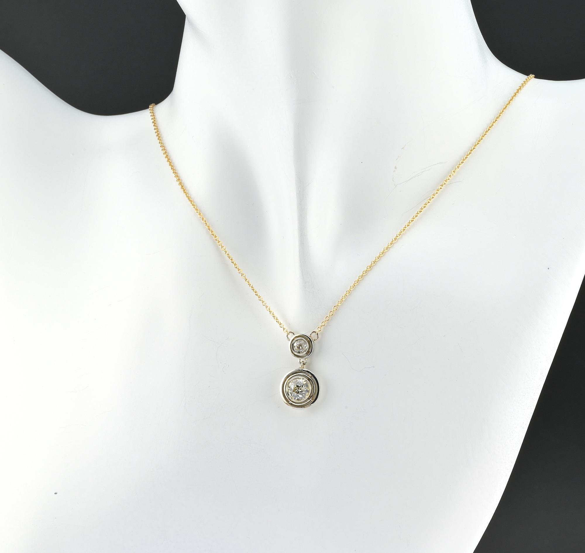 This beautiful twin target necklace is Art Deco period 1925 ca
Consisting in a double Diamond 18 KT white gold target pendant hand crafted one up to the other, smaller on top of the bigger, for a charming effect, completed with a latter classy 18 Kt