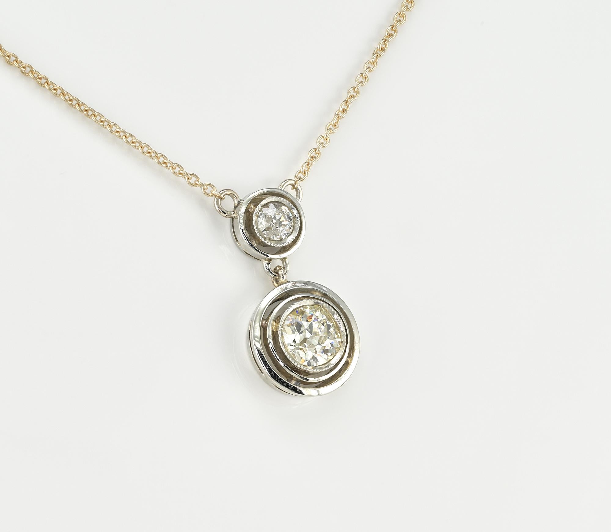 Old European Cut Art Deco Diamond 1.15 Ct Diamond Twin Target Pendant 18 KT Necklace For Sale