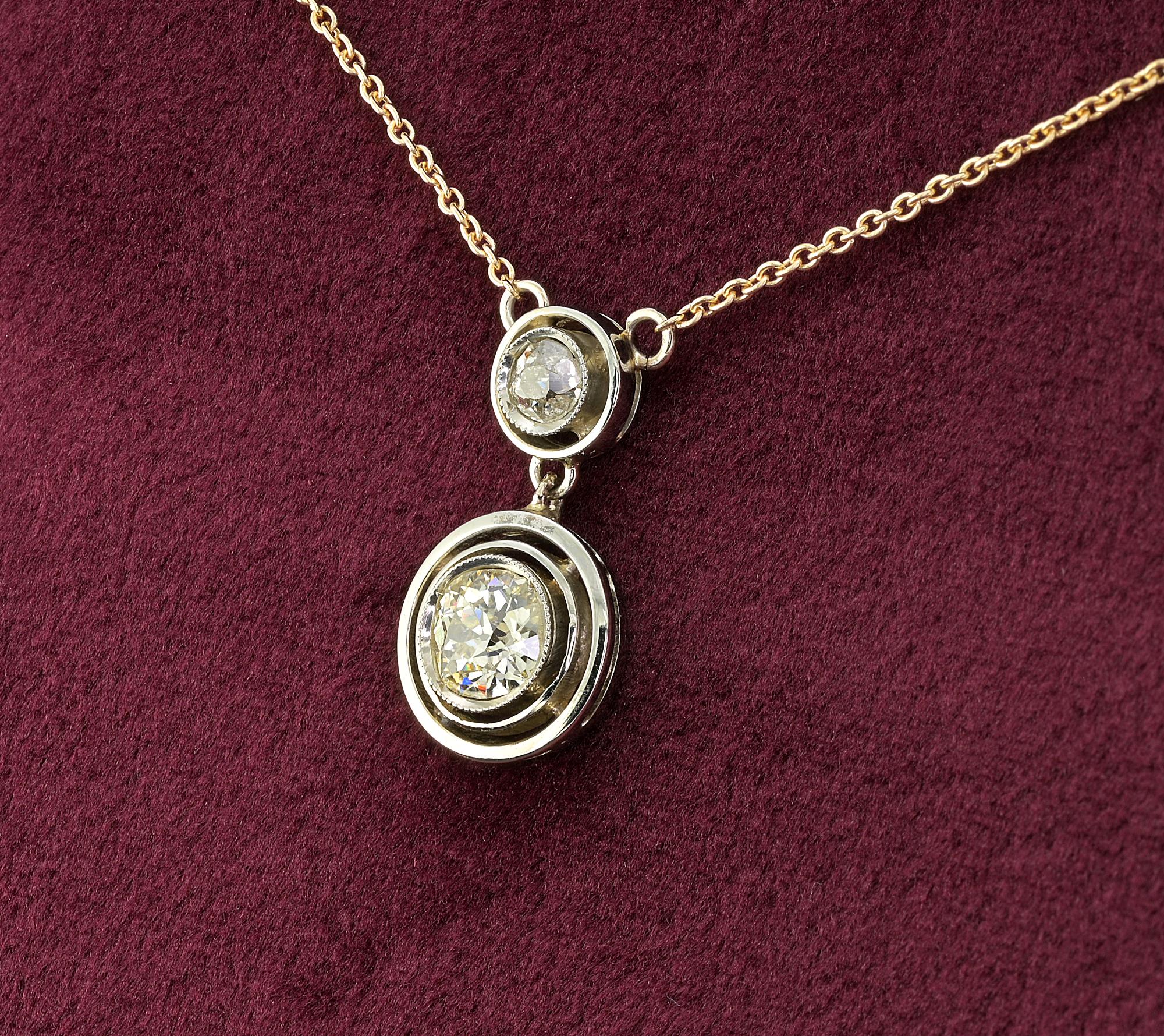 Art Deco Diamond 1.15 Ct Diamond Twin Target Pendant 18 KT Necklace For Sale 1