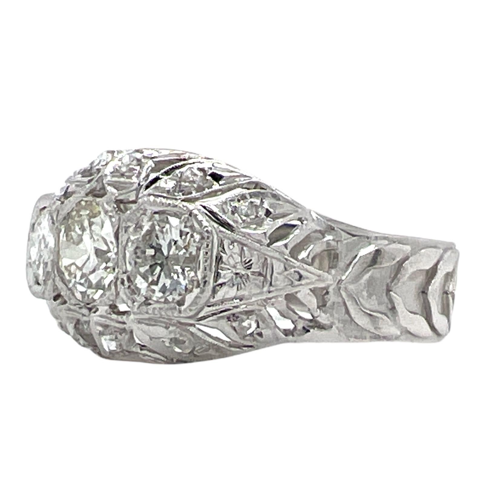 Vintage Art Deco Diamant 14 Karat Gold Filigraner Nachlassring mit modernem Schaft (Alteuropäischer Schliff)