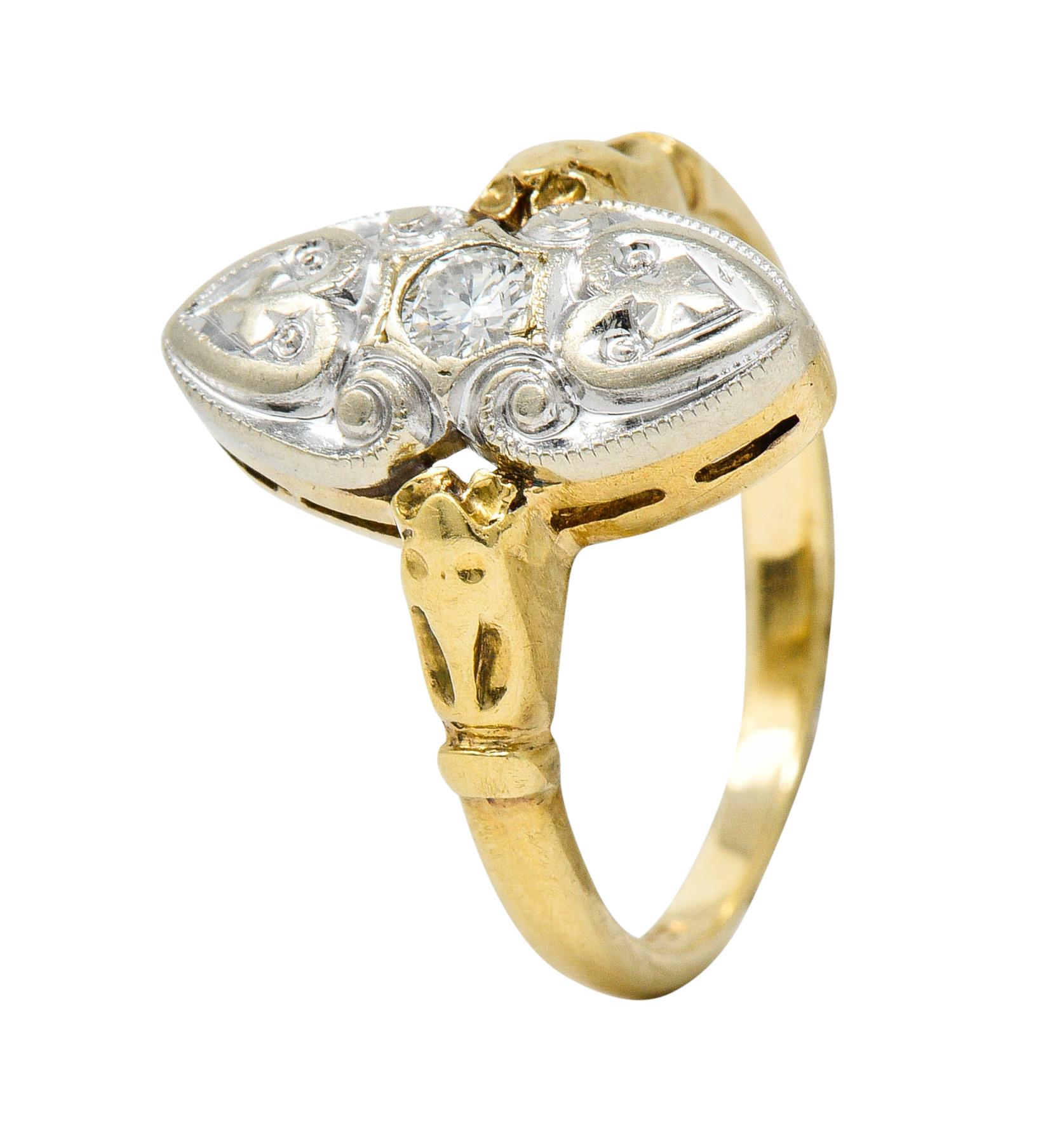 Art Deco Diamond 14 Karat Two-Tone Gold Dinner Ring In Excellent Condition In Philadelphia, PA