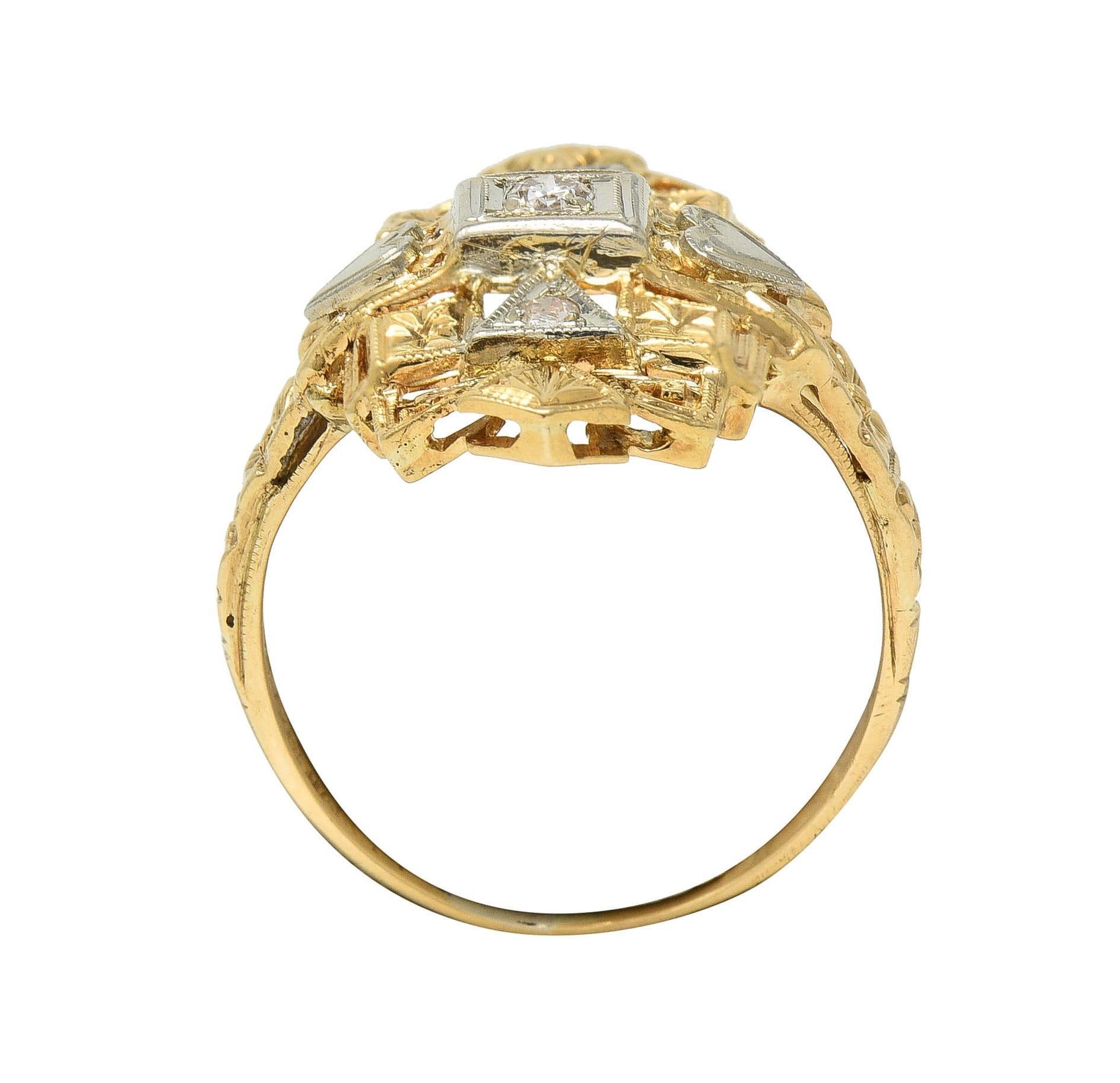 Art Deco Diamond 14 Karat Two-Tone Gold Streamline Heart Navette Dinner Ring For Sale 5