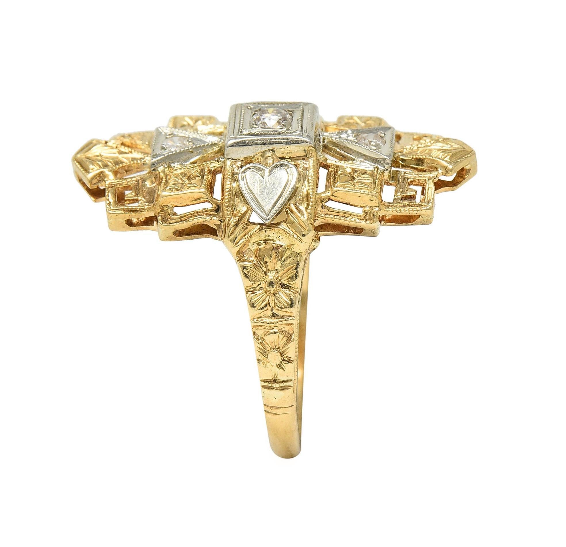 Art Deco Diamond 14 Karat Two-Tone Gold Streamline Heart Navette Dinner Ring For Sale 6