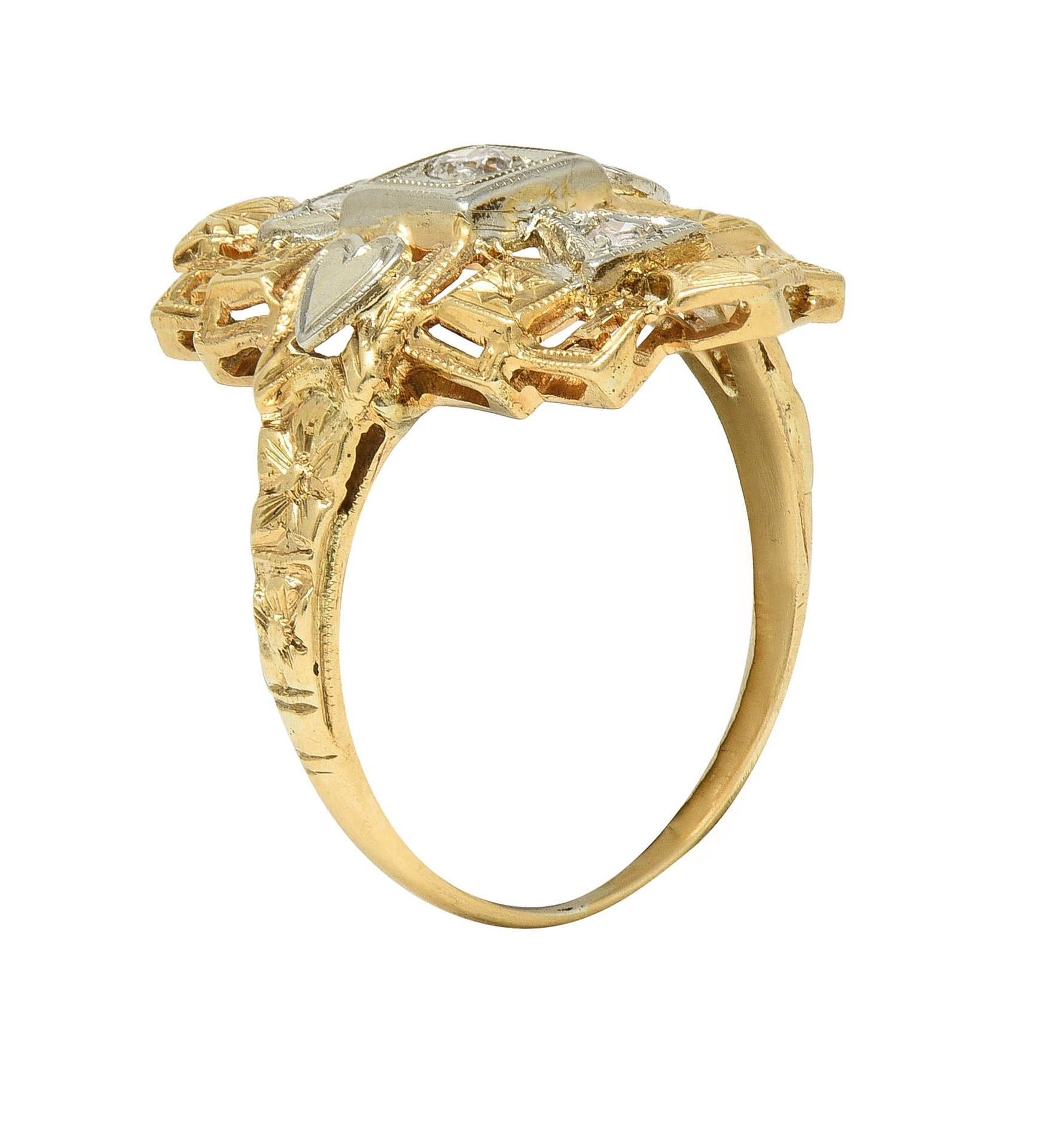 Art Deco Diamond 14 Karat Two-Tone Gold Streamline Heart Navette Dinner Ring For Sale 7