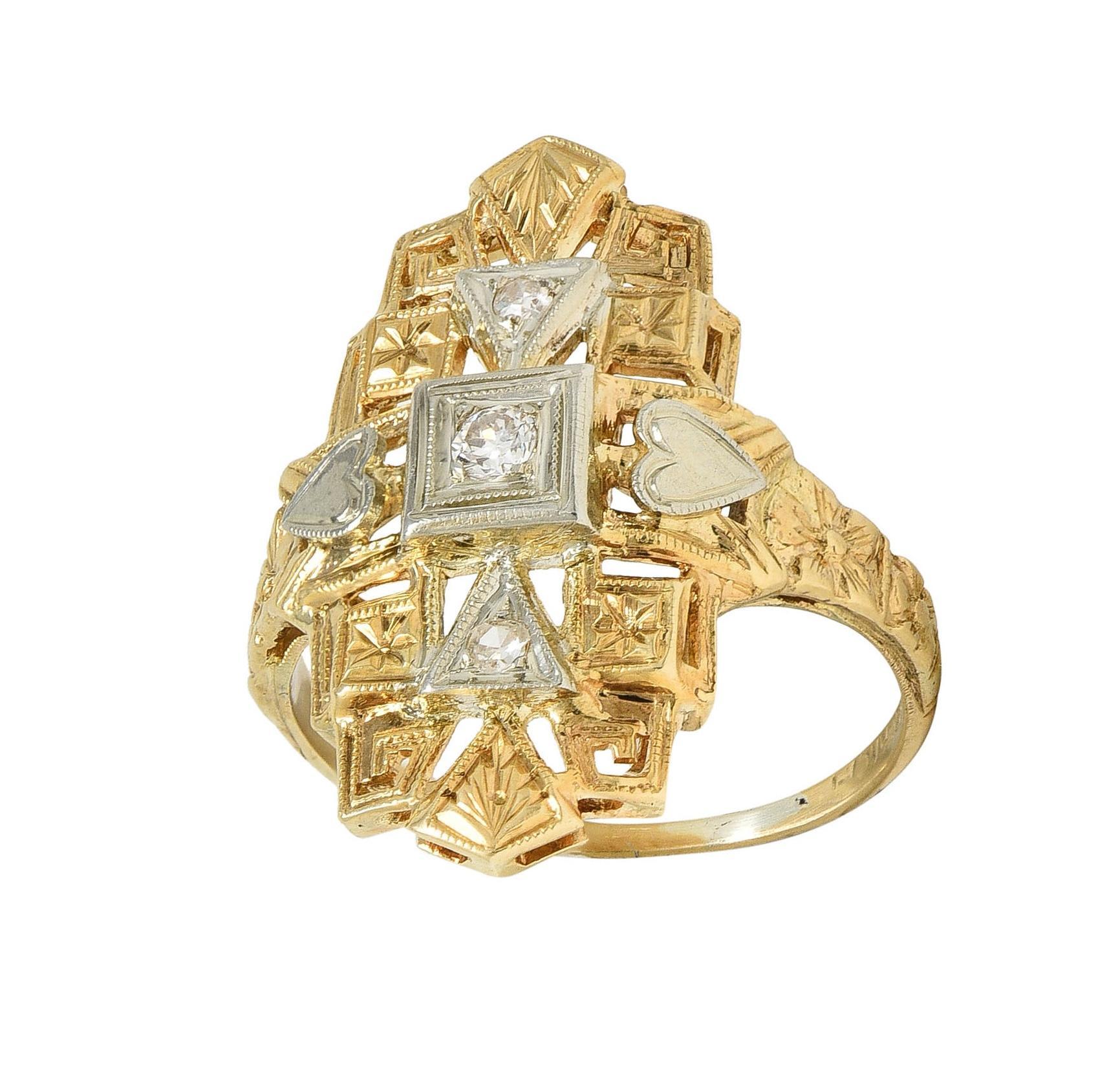 Art Deco Diamond 14 Karat Two-Tone Gold Streamline Heart Navette Dinner Ring For Sale 8