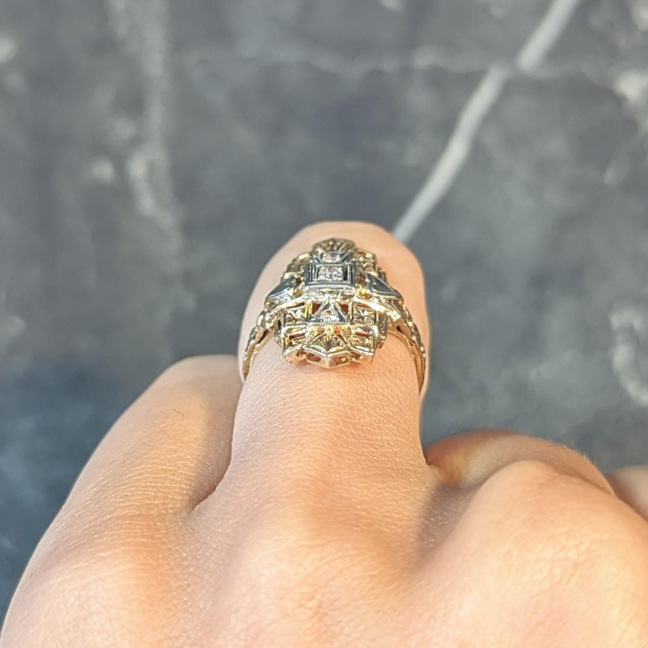 Art Deco Diamond 14 Karat Two-Tone Gold Streamline Heart Navette Dinner Ring 9