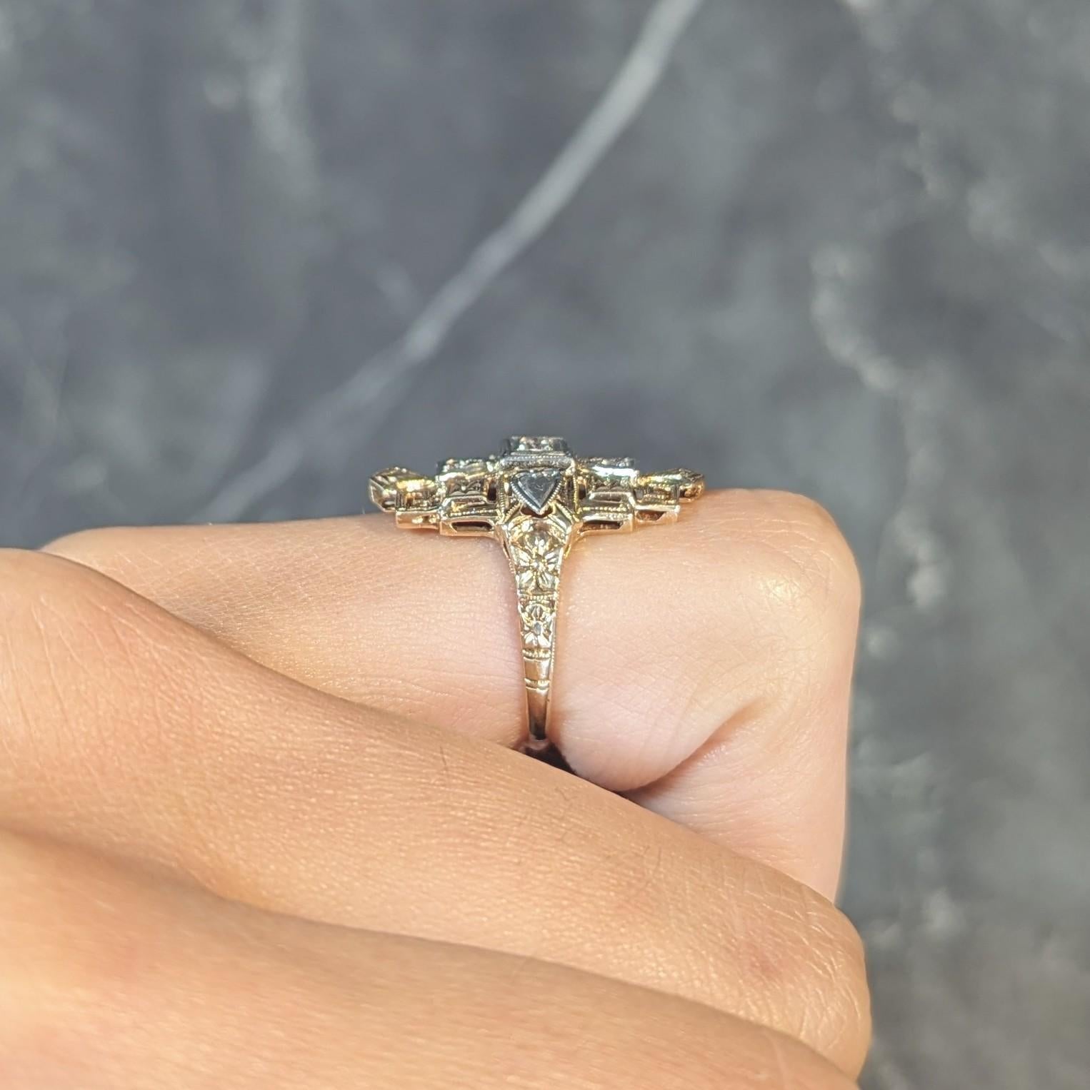 Art Deco Diamond 14 Karat Two-Tone Gold Streamline Heart Navette Dinner Ring 10