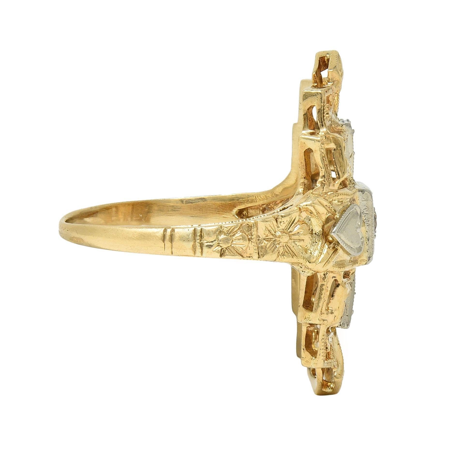 Art Deco Diamond 14 Karat Two-Tone Gold Streamline Heart Navette Dinner Ring In Excellent Condition In Philadelphia, PA