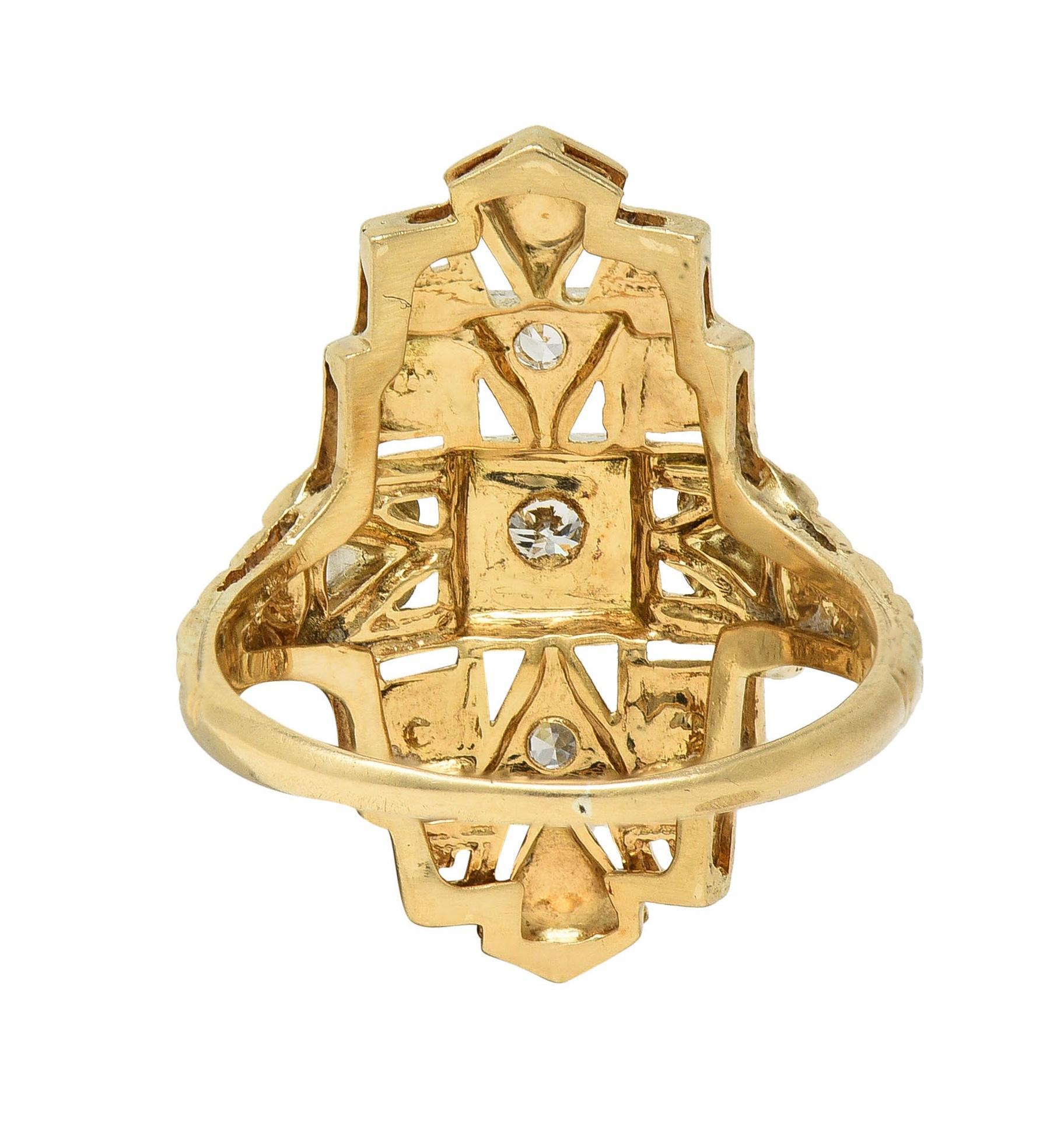 Women's or Men's Art Deco Diamond 14 Karat Two-Tone Gold Streamline Heart Navette Dinner Ring For Sale