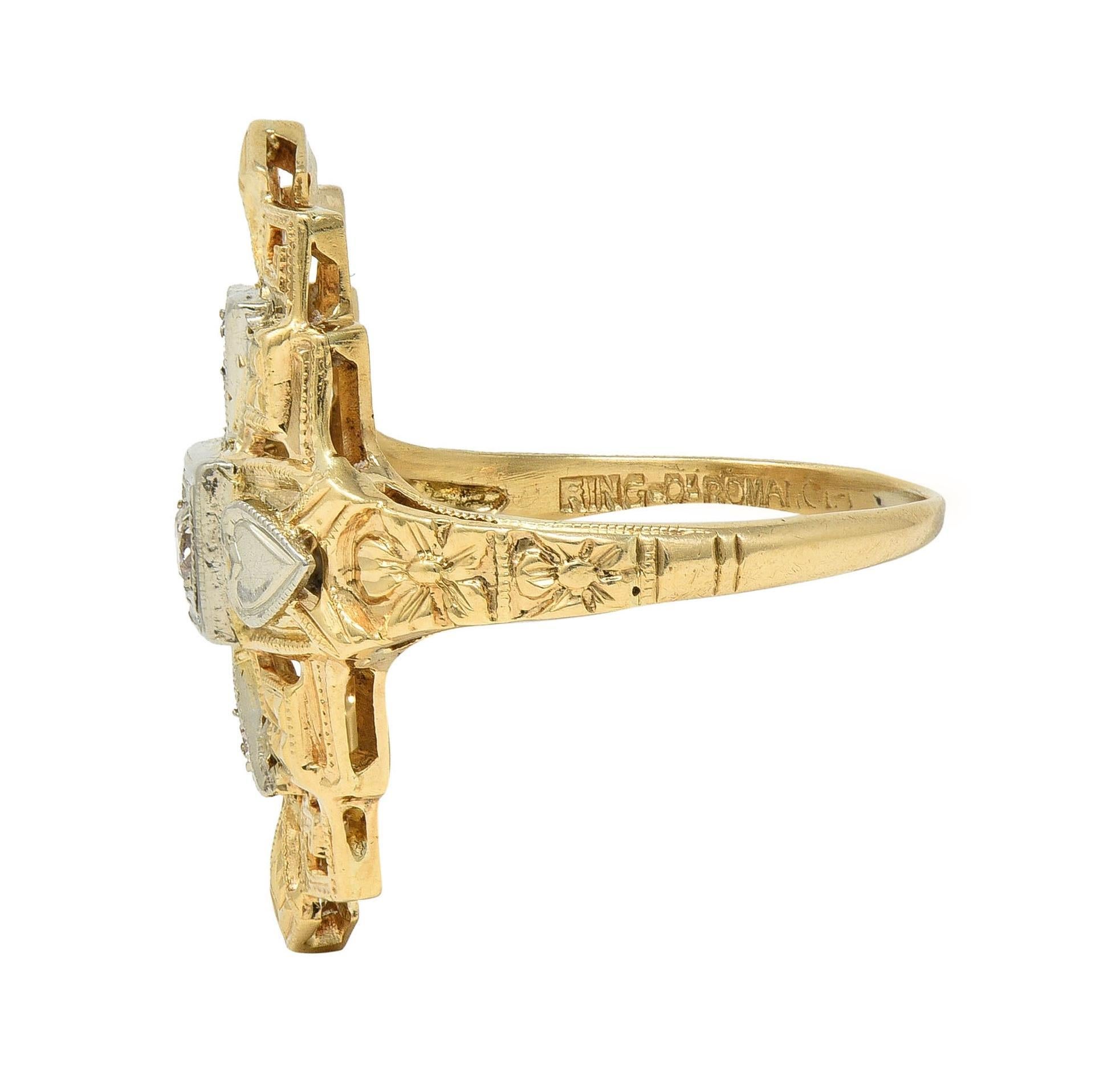 Art Deco Diamond 14 Karat Two-Tone Gold Streamline Heart Navette Dinner Ring For Sale 1