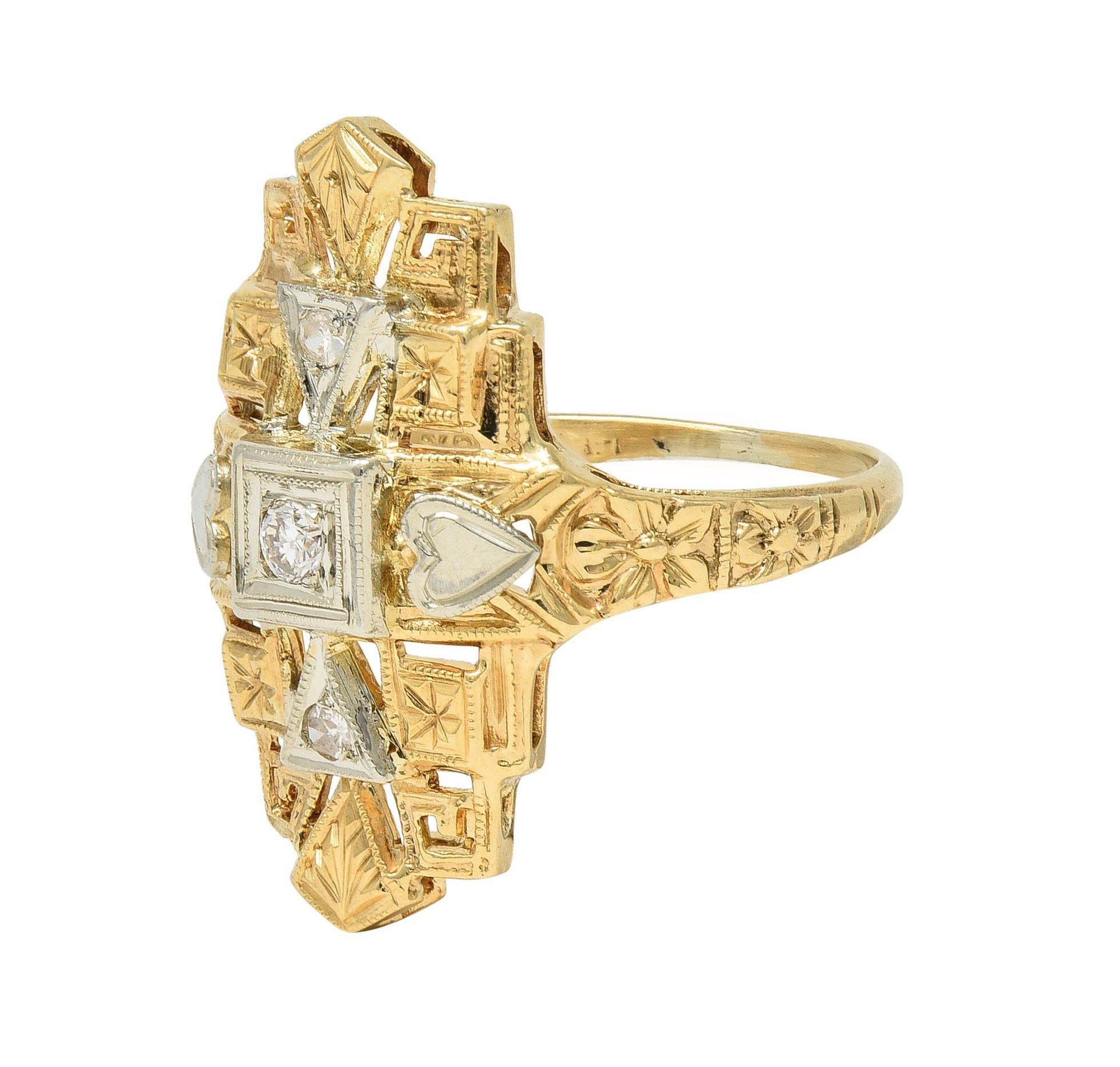 Art Deco Diamond 14 Karat Two-Tone Gold Streamline Heart Navette Dinner Ring For Sale 2