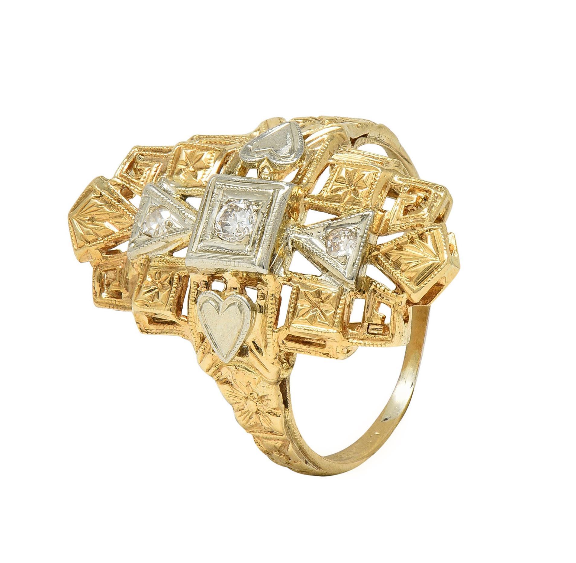 Art Deco Diamond 14 Karat Two-Tone Gold Streamline Heart Navette Dinner Ring For Sale 4