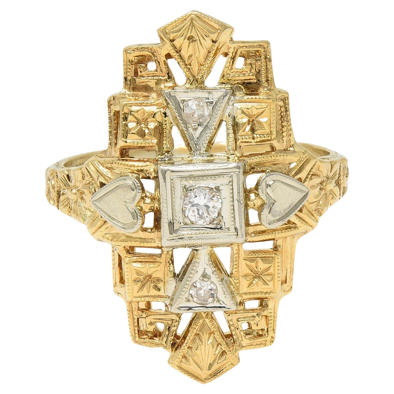 Art Deco Diamond 14 Karat Two-Tone Gold Streamline Heart Navette Dinner Ring For Sale