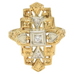 Bague de soirée Art déco en or bicolore 14 carats avec diamants et navette en forme de cœur