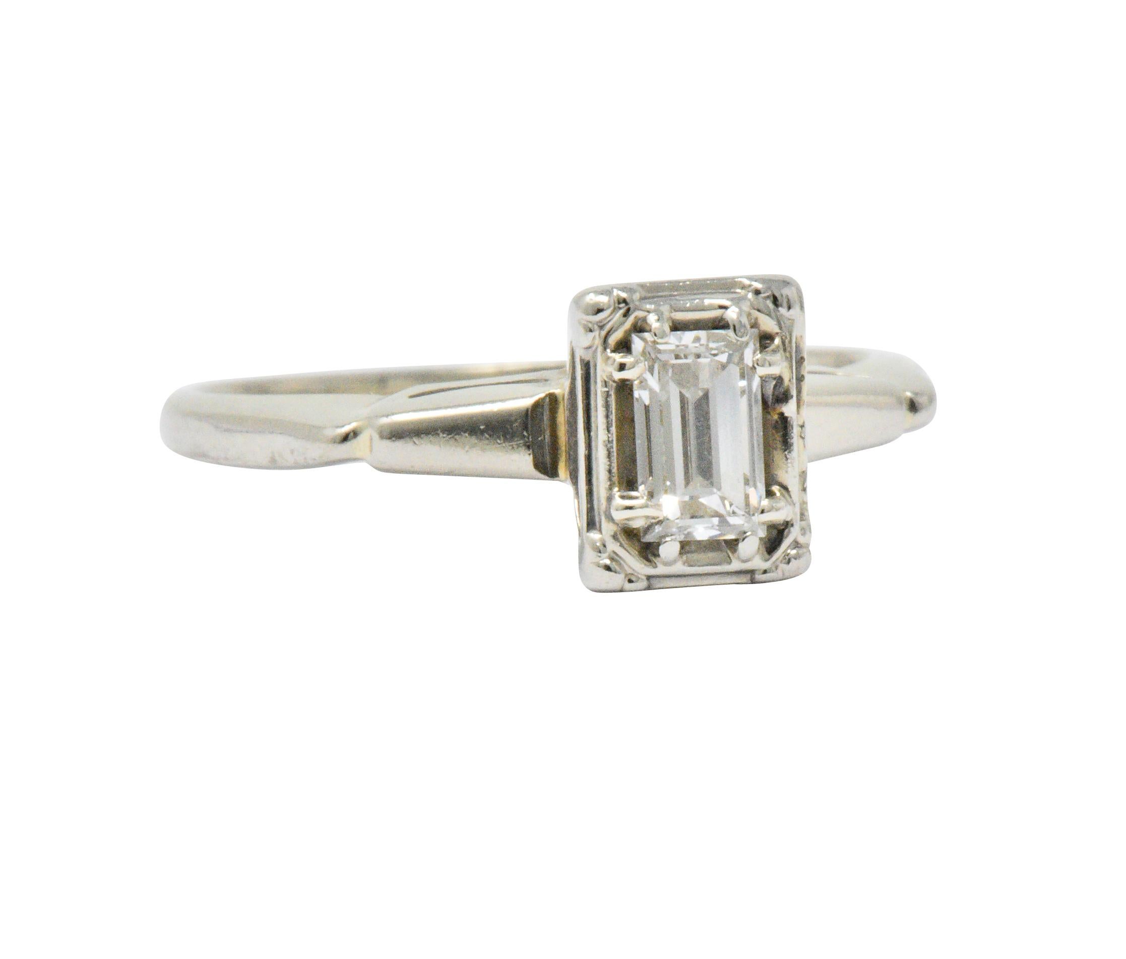 Emerald Cut Art Deco Diamond 14 Karat White Gold Engagement Ring