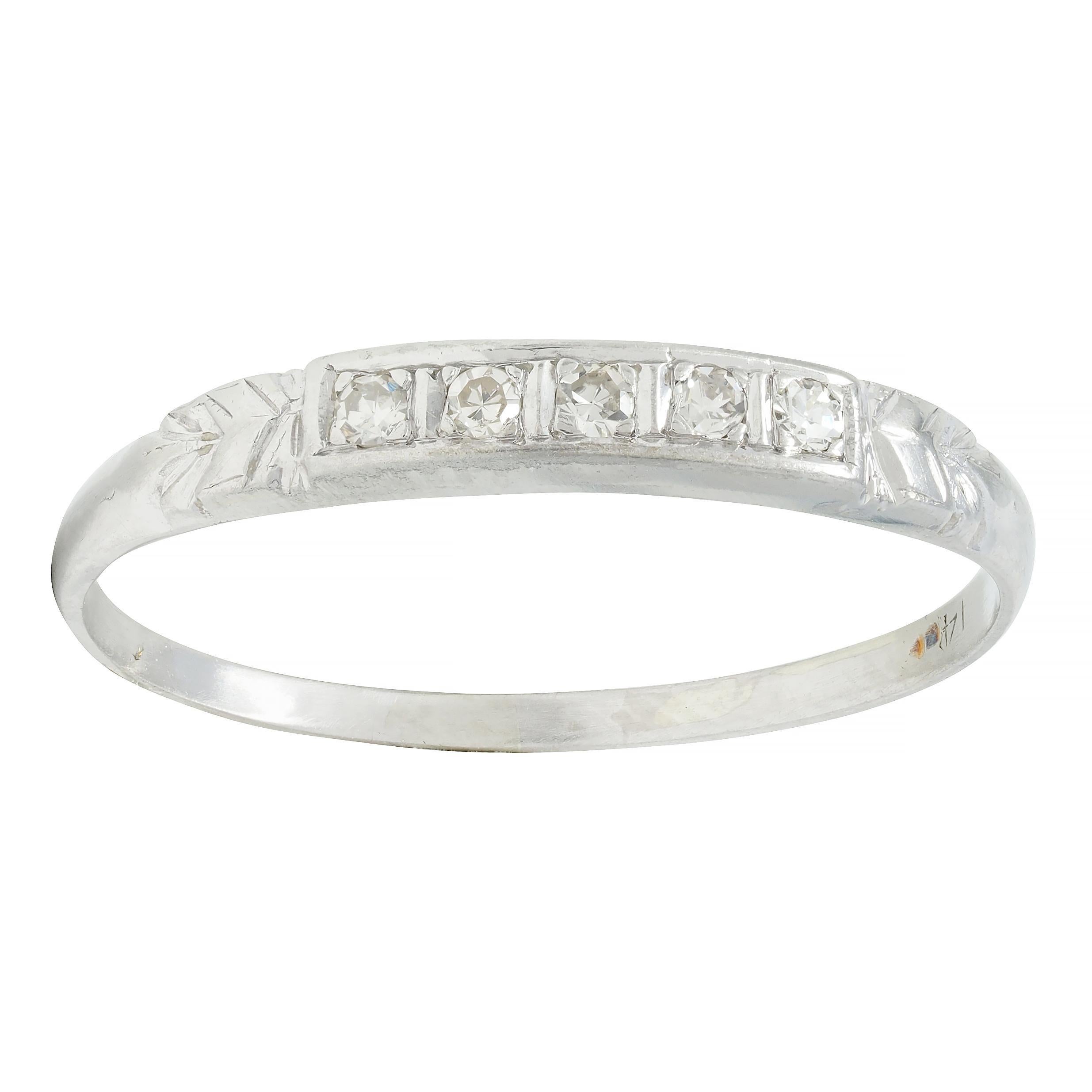Art Deco Diamond 14 Karat White Gold Five Stone Vintage Wedding Band Ring 4