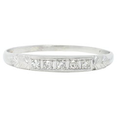 Art Deco Diamond 14 Karat White Gold Five Stone Vintage Wedding Band Ring