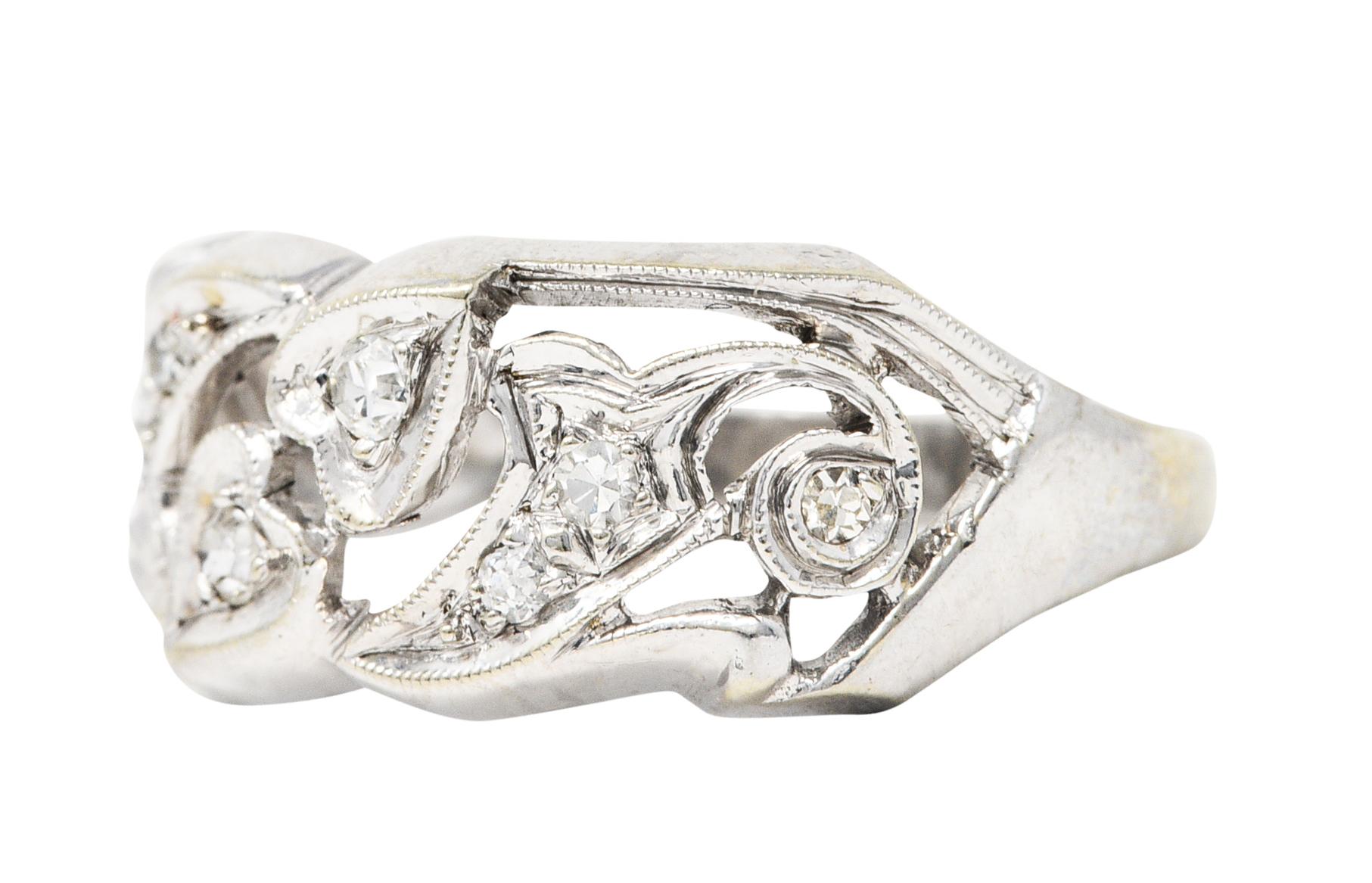 Art Deco Diamond 14 Karat White Gold Ivy Band Ring In Excellent Condition In Philadelphia, PA