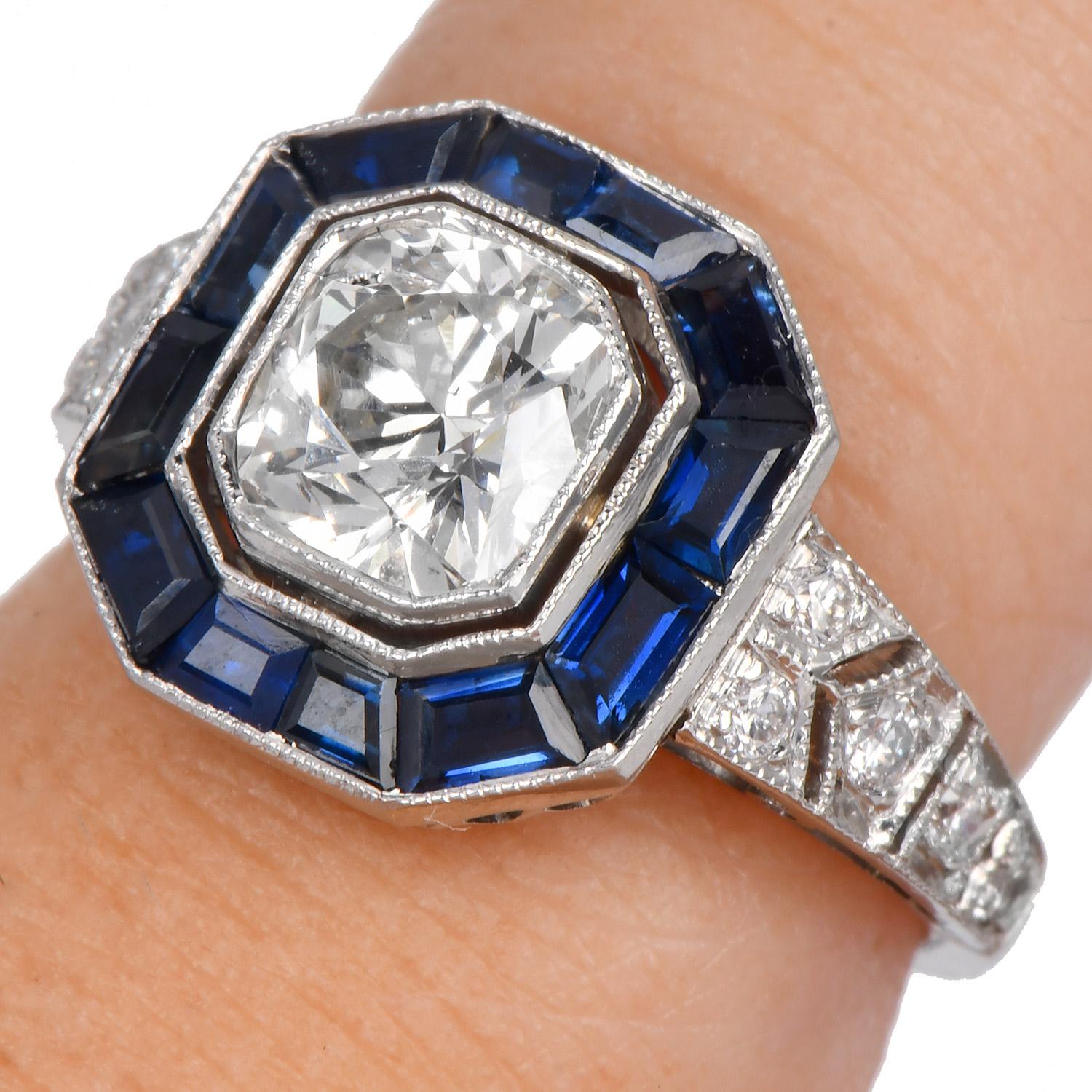 Art Deco Diamond 1.48cts Sapphire Platinum Engagement Ring 5